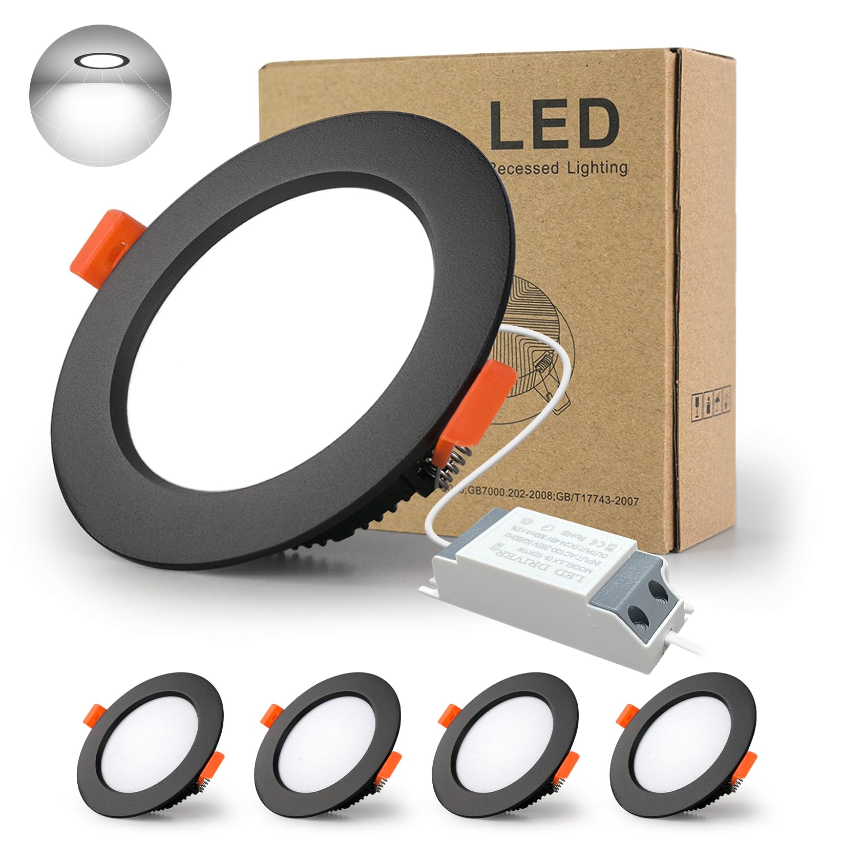 BRIMETI Reflektor LED Wpuszczany 230V 18W 1500LM Zestaw 4 Bardzo Płaski Sufitowe do Zabudowy Spot Lazienkowy IP44 Biel 6000K Reflektor LED, do Salonu Kuchni Przedpokoju Sypialni (Czarny）