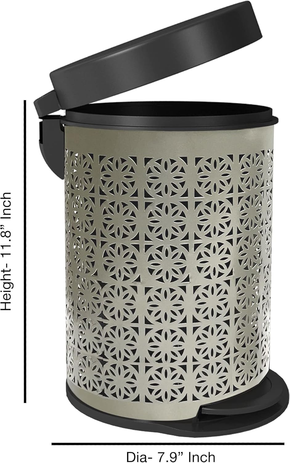 nu steel Laser Cut Pewter Step Garbage Trash Can & Toilet Brush Holder with Lid: 5 Liter/1.32 gal for The Kitchen, Bathroom, Bedroom, Patio, RV