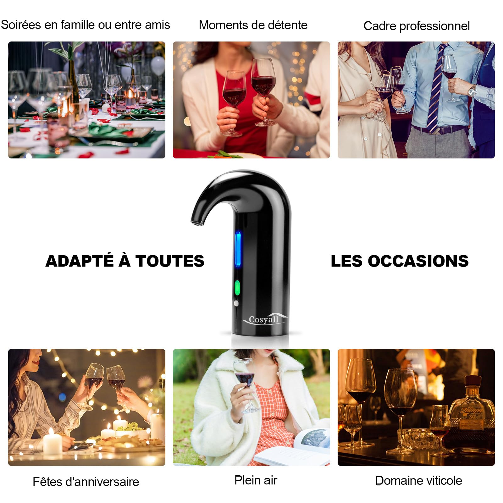 Cadeau Fête des Pères - Aérateur à vin électrique, Décanteur à vin électrique distributeur de vin automatique à un bouton Oxygénation rapide du vin rouge (Noir)