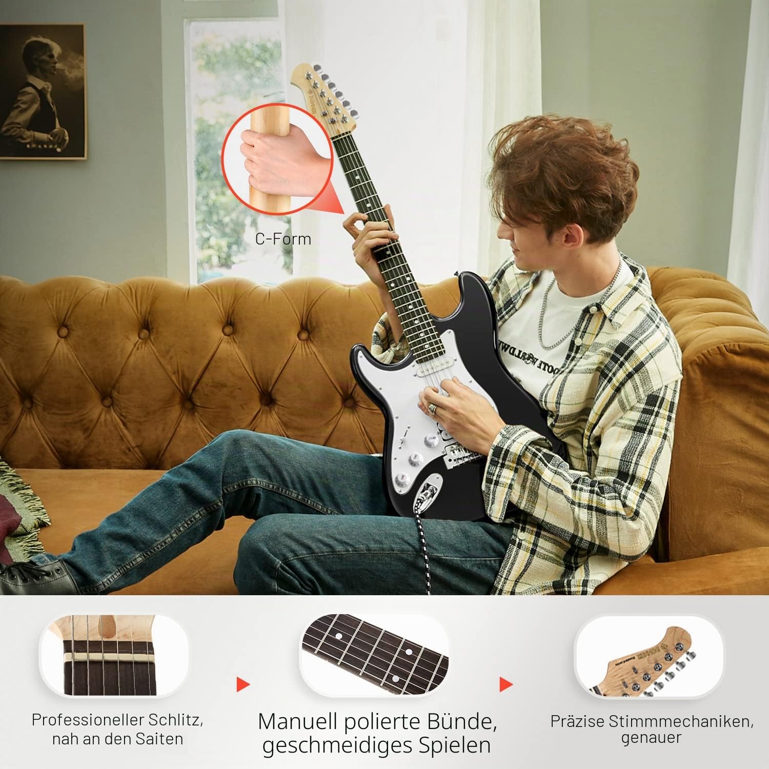 Donner Linkshänder E-Gitarre Set Anfänger Full-Size Schwarz 39 Zoll Lefty Starter Paket mit allem Zubehör Verstärker Kapodaster Gurt Saite Stimmgerät Kabel und Plektren DST-100BL