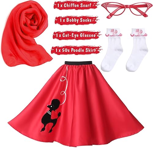 Vista 6 de Disfraz de Sock Hop para Mujer, Disfraz de Vestido de Caniche de los Años 1950 para Adulto, Falda de Caniche de los Años 50 con Gafas, Bufanda
