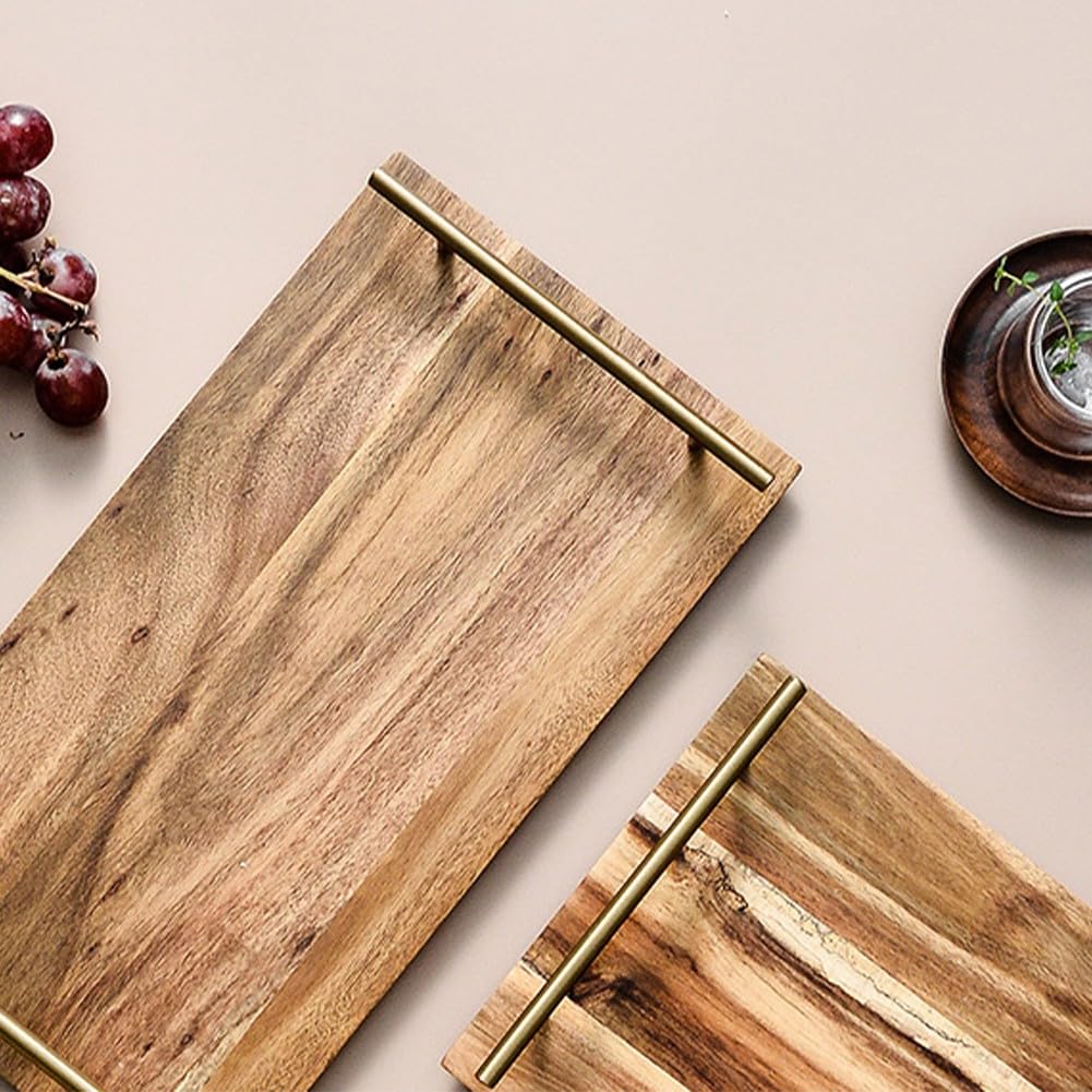 Bandeja de madera para servir, con asas de acero inoxidable, bandeja de madera de acacia, mini tablas rectangulares de embutidos para decoración, comida (grande)