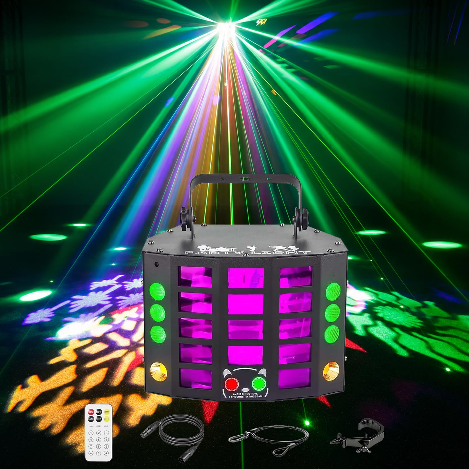Luces de fiesta, luz de discoteca, luces de DJ, efecto de haz de mariposa LED 4 en 1 y efecto de gobos de haz rojo verde, DMX de 15 canales con sonido activado para fiesta de Halloween de Navidad