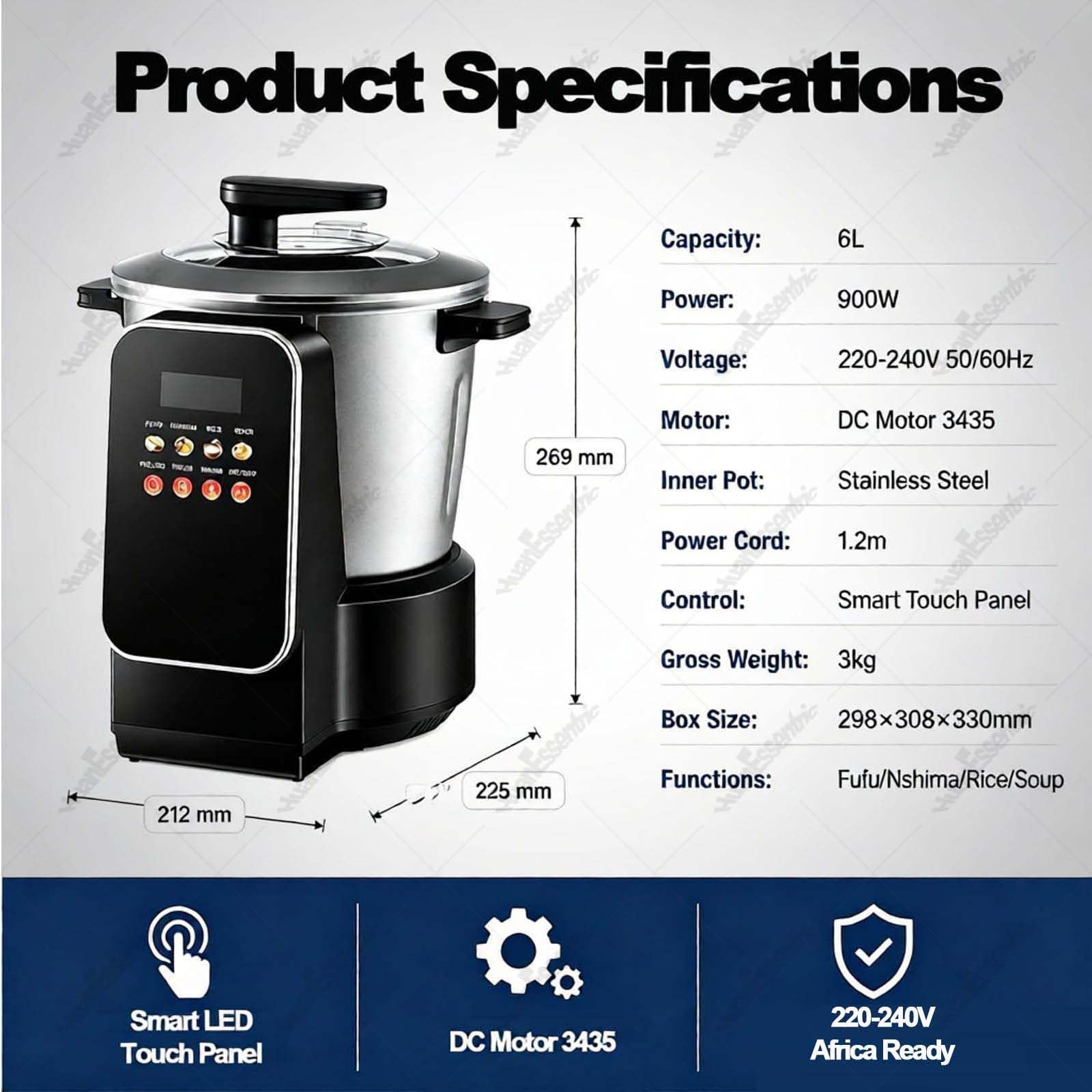 Inteligentne Urządzenie Do Fufu / „swallow” (900W, 6L) Z Timerem | Gładka Misa Wewnętrzna Z Powłoką Nieprzywierającą,Precyzyjny Timer;Odpowiednia Do Przygotowywania Ugali,Banku I Amali
