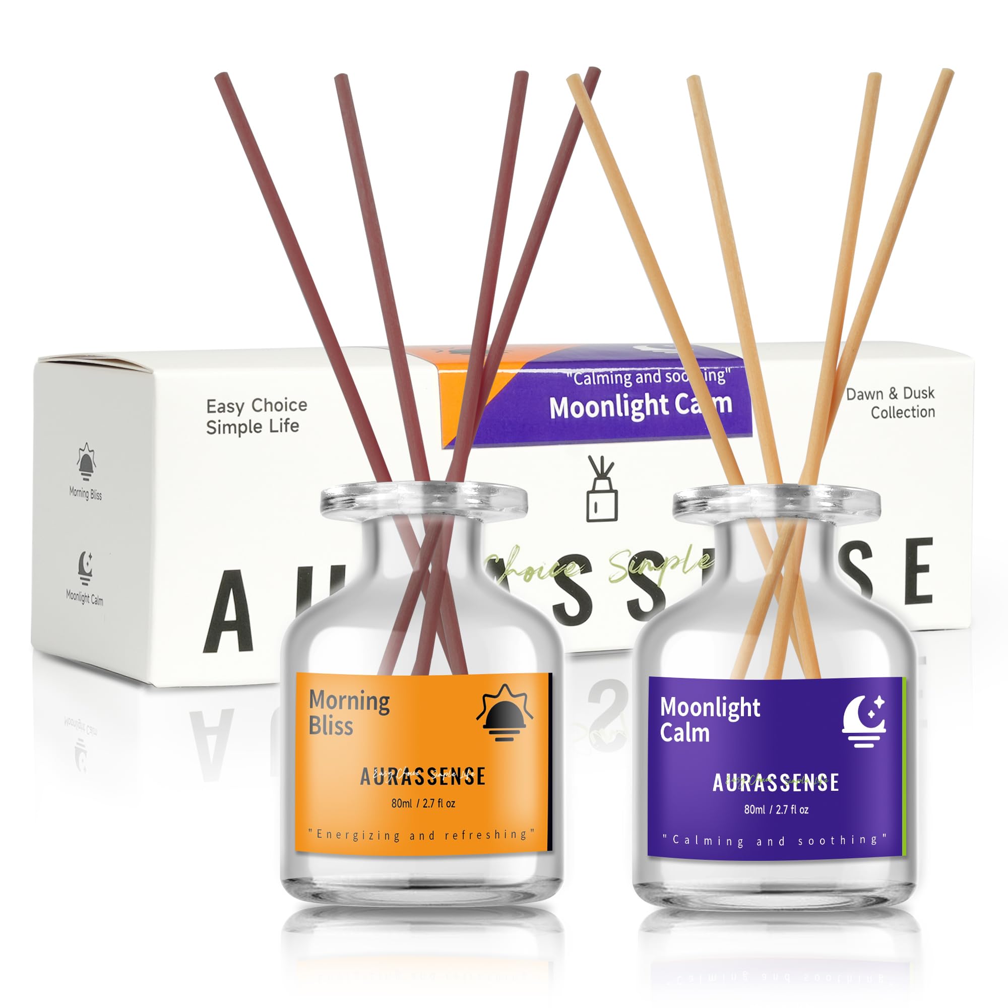 AurassenseECSL Reed Diffuser Set - 2 Bottles (2.7 fl oz/80ml Each) with 8 Sticks, Day & Night Aromatherapy Fragrance for Home, Bathroom, and Office Decor (Morning + Moonlight)