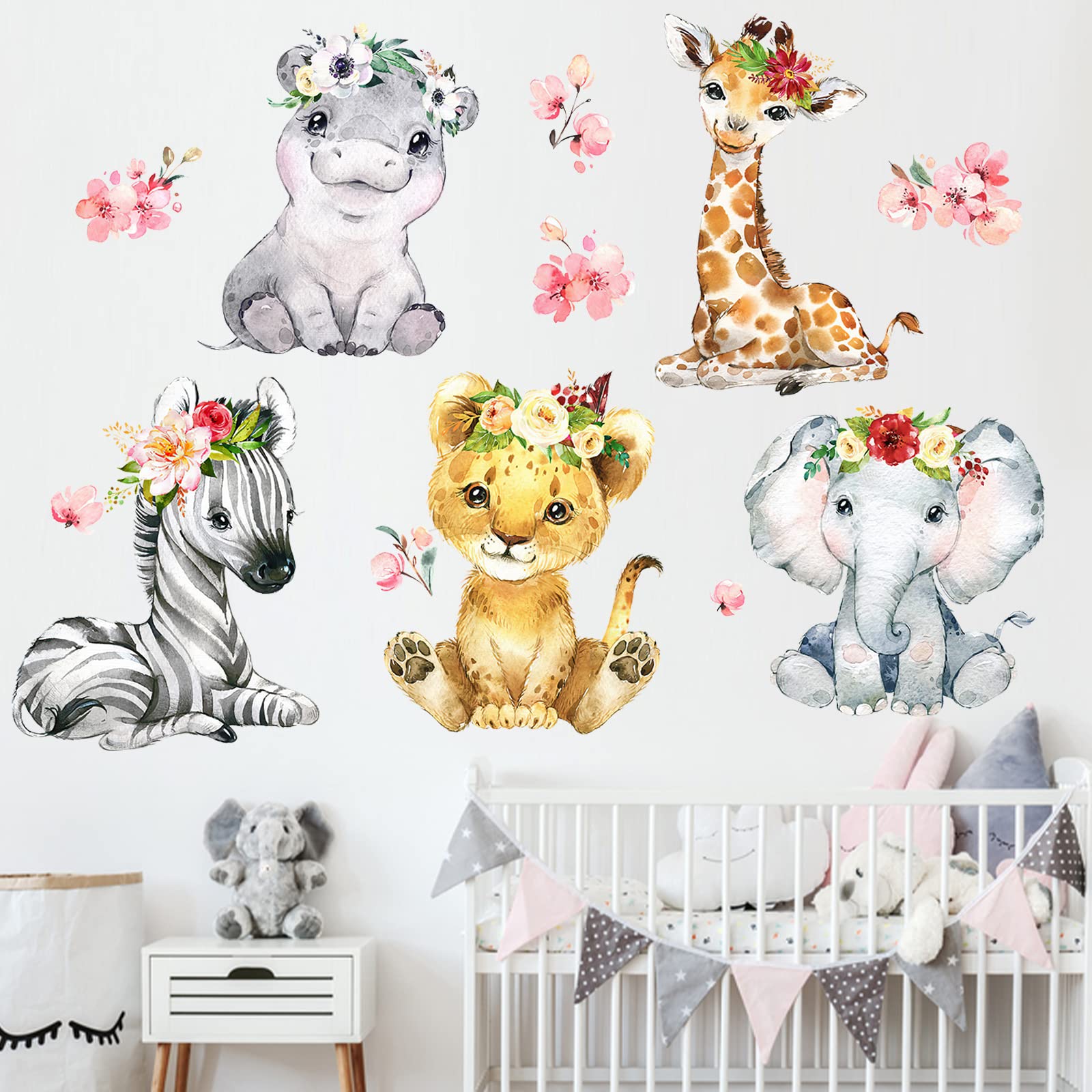 Calcomanías de pared de animales de la jungla de safari para niñas, calcomanías de pared con diseño de elefante africano, cebra, jirafa, caballito de mar, león, decoración para habitación infantil, decoración de flores de acuarela, regalo artístico para dormitorio infantil y sala de juegos.