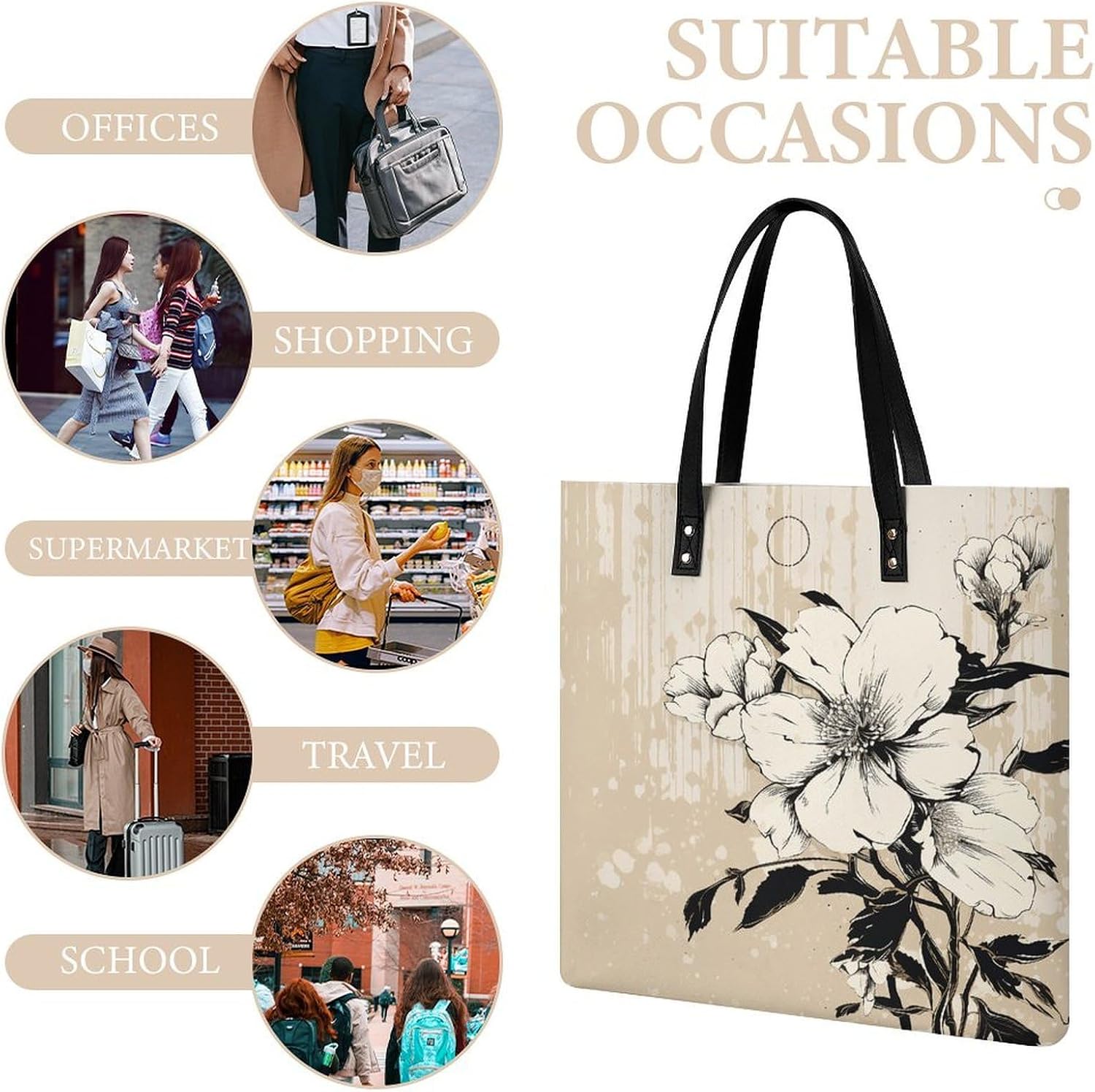Beige Floral Pattern Tote Bag with Magnetic Buckle Reusable Grocery Bags Lightweight Cross Body Handbag for Daily Essentials