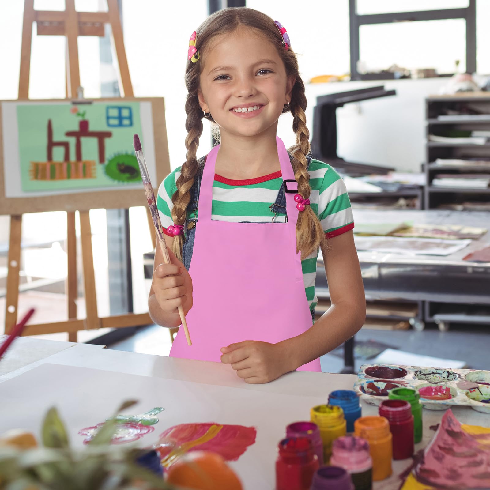XIEJINJIA 16 Pack Kids Waterproof Apron with Pockets Adjustable Chef Artists Child Cooking Baking Painting for Boys and Girls Pink - Image 2