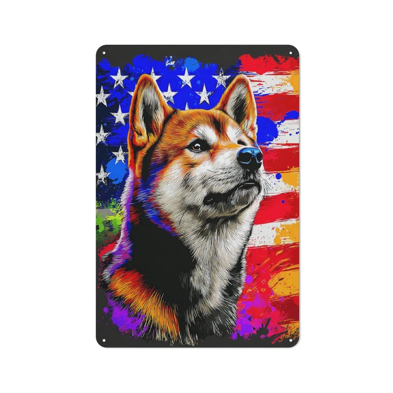 Junmoney American Flag Shiba Inu Art Print Metal Wall Sign With Design 30X20cm, Loft Style Studio Wall Art For Flat, Bar, Studio Or Gallery Wall