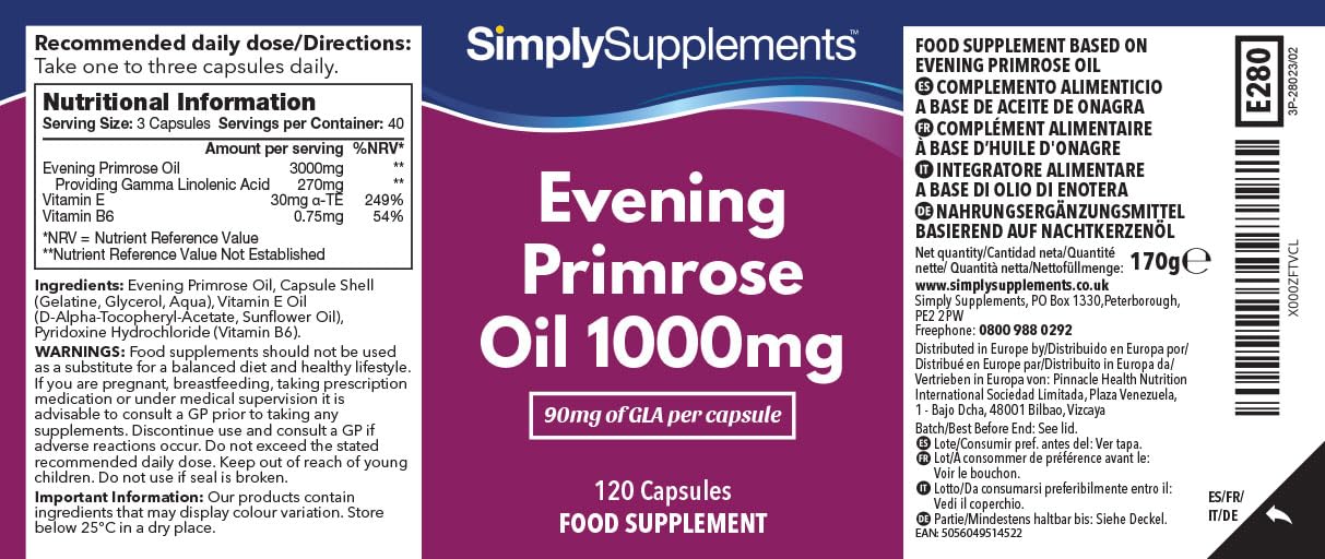 Nachtkerzenöl 1000mg Kapseln | Unterstützt das hormonelle Gleichgewicht & gesunde Haut | Mit zusätzlichen Vitaminen B6 & E | 120 Kapseln = 40 Tag Vorräte | Hergestellt in Großbritannien