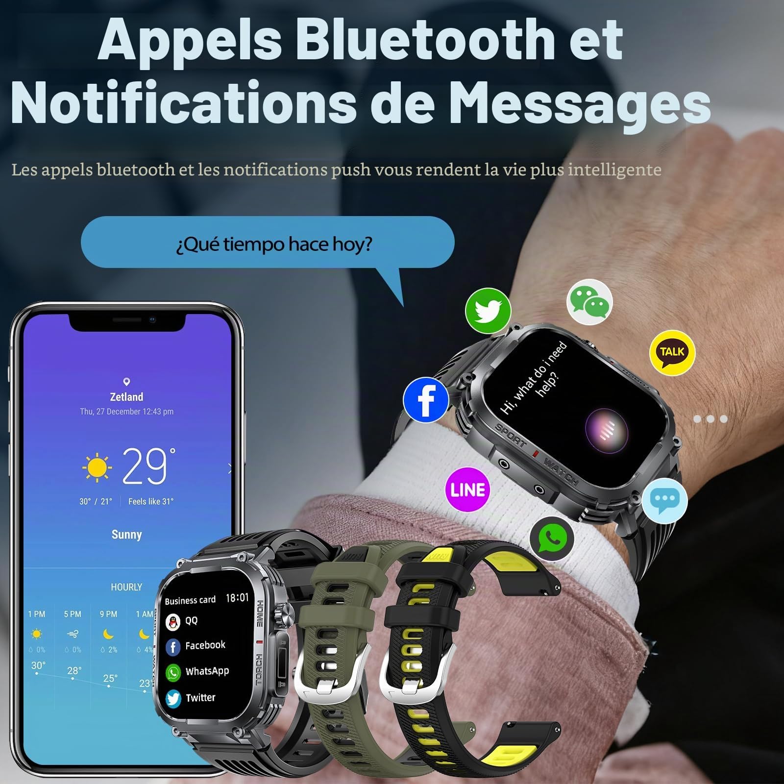 Montre Connectée Homme LED Lampe/Boussole, 2.02" Militaire Smartwatch Homme avec Appel Bluetooth, Asistente de Voz/100+ Modes Sportifs, IP68 Étanche/Podomètre Android iOS