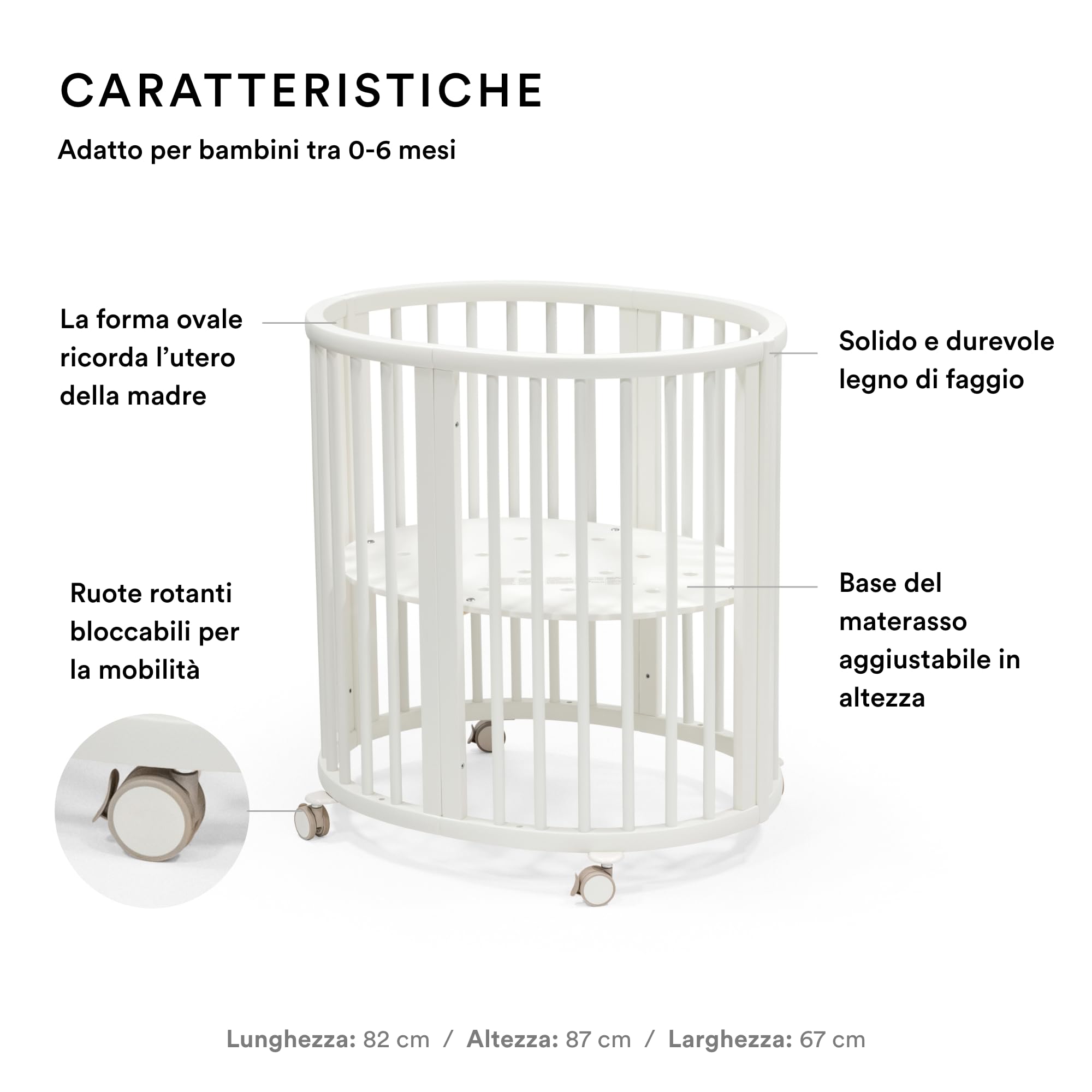 Stokke Sleepi Mini, Bianco - Culla ovale adatta per 0-6 mesi - Base regolabile in altezza, ruote girevoli bloccabili, base materasso traforata per la circolazione dell'aria