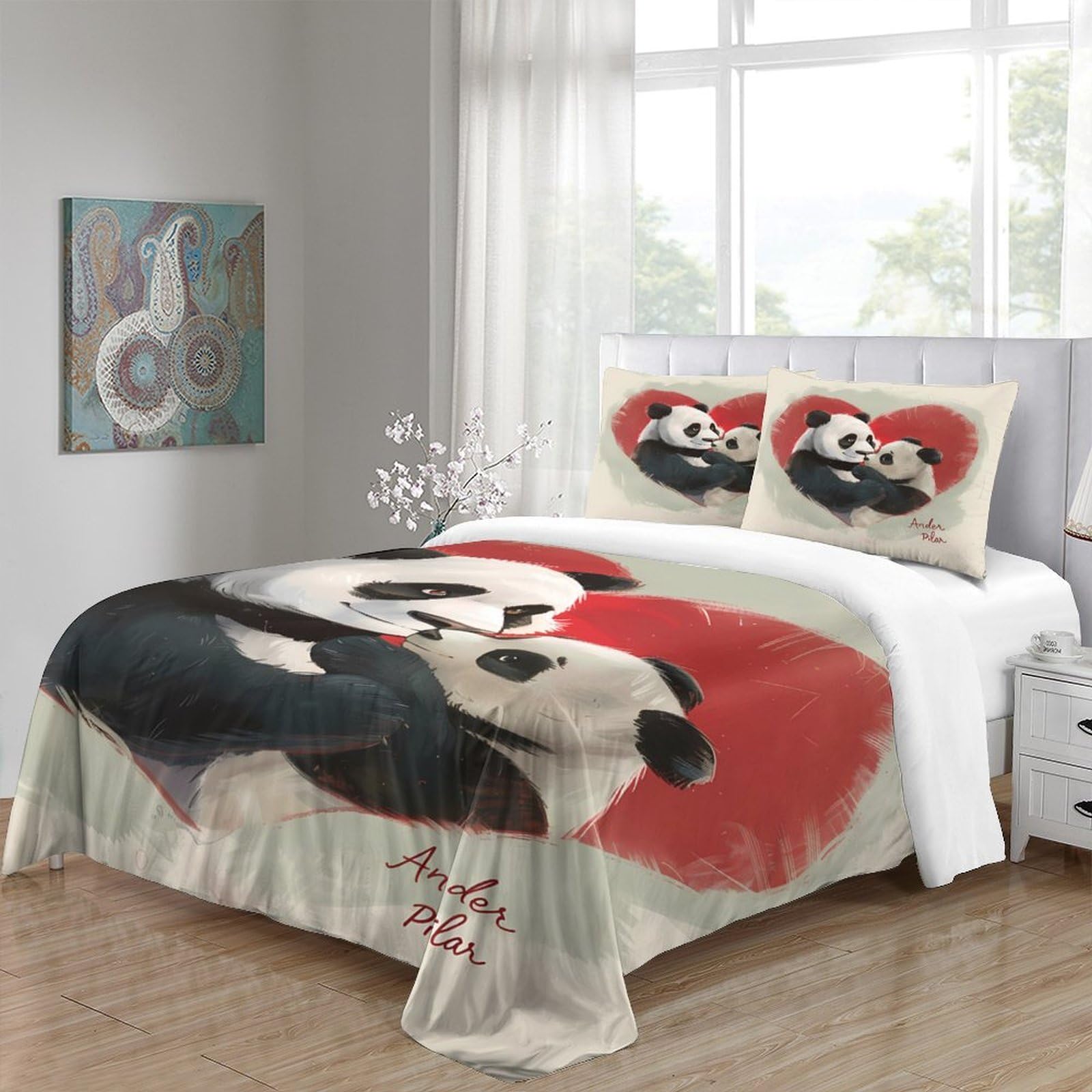 Panda-Pärchen umarmt Bettbezug Weich Reißverschluss Hautfreundlich Schlafkomfort Bettdeckenbezug 3D Gedruckt 3 Teilig Mikrofaser mit Kissenbezug Kuschelig for Teen Jungen & Männer