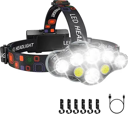 Rechargeable Headlamp, 8 LED 18000 High Lumen Bright...