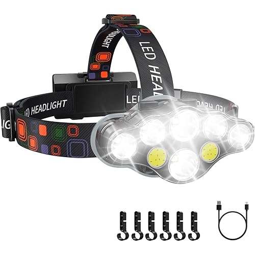 Rechargeable Headlamp, 8 LED 18000 High Lumen Bright Headlamp with Red Light, IPX4 Waterproof USB Headlight, Head Lamp, 8 Modes for Outdoor Running Hunting Hiking Camping Gear