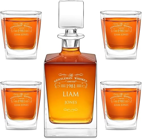 Maverton Juego de whisky personalizado para hombre, elegante jarra con 4 vasos para él, botella de vidrio para caballero, cristalería grabada para