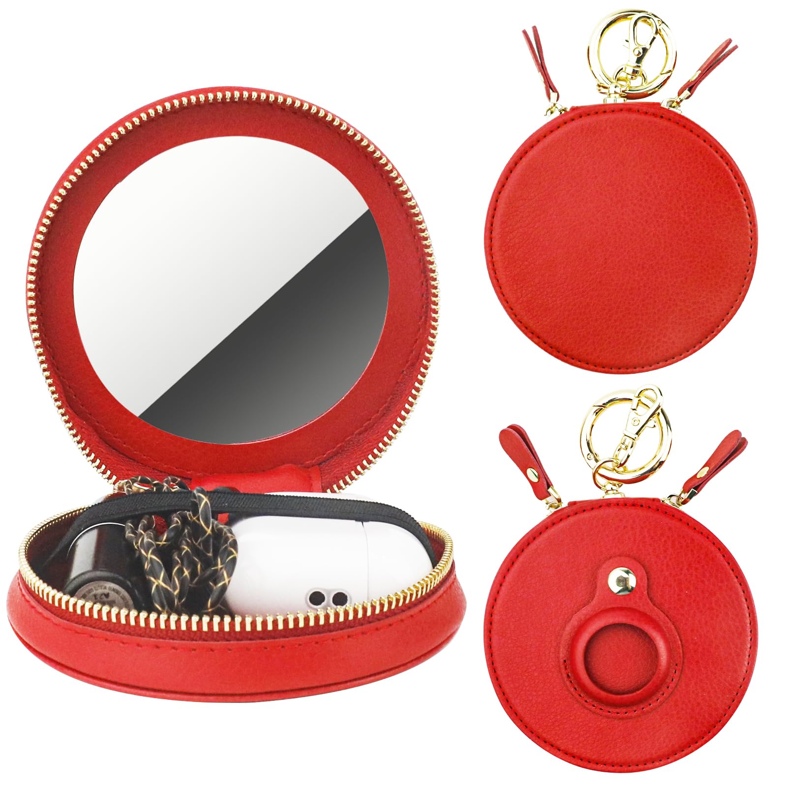 Bocasal Coin Pouch Mini Lipstick Cosmetic Bag with Airtag Holder Mirror, Leather Zipper Travel Makeup Bag Organizer Keychain Ring Clasp for Keys