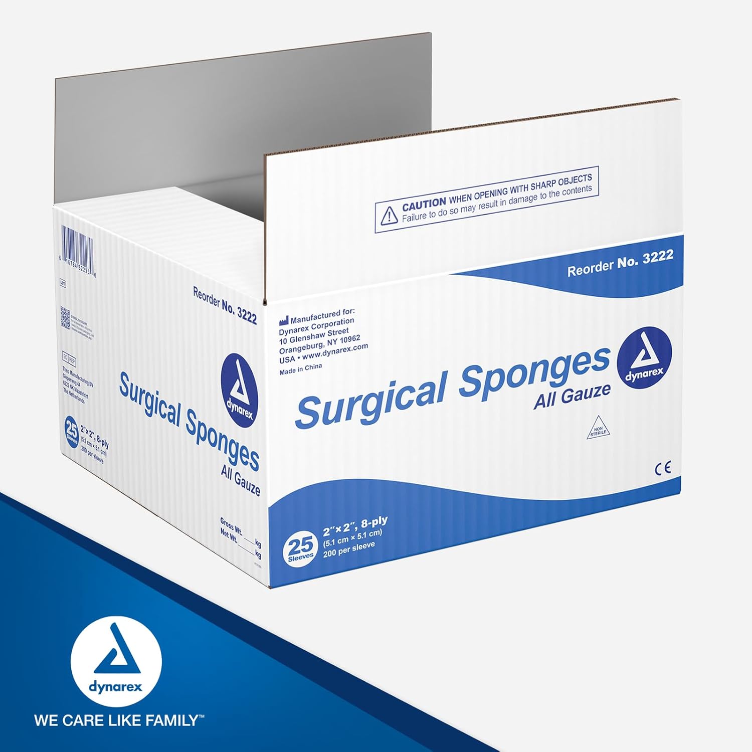 Dynarex Surgical Gauze Sponges- Absorbent Cotton Fabric with Folded Edges - Soft, Durable, Non-Sterile Dressing - 2x2, 8-Ply - 200 Sponges Per Sleeve, Case of 25 Sleeves