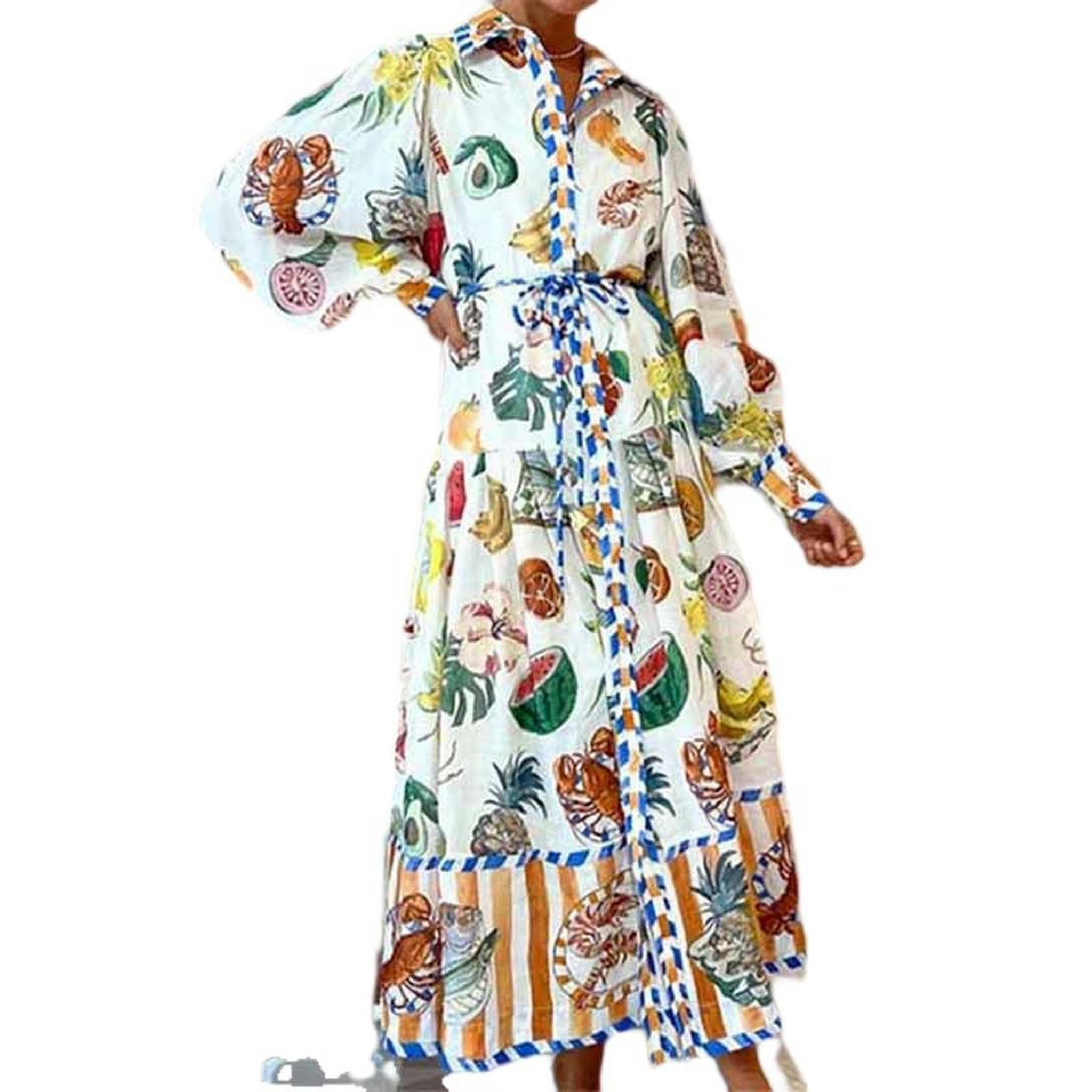 Nuovo Abito Ampio da Donna Estivo con Maniche a Sbuffo, Stampa Casual, a Vita Alta, con Scollo a V