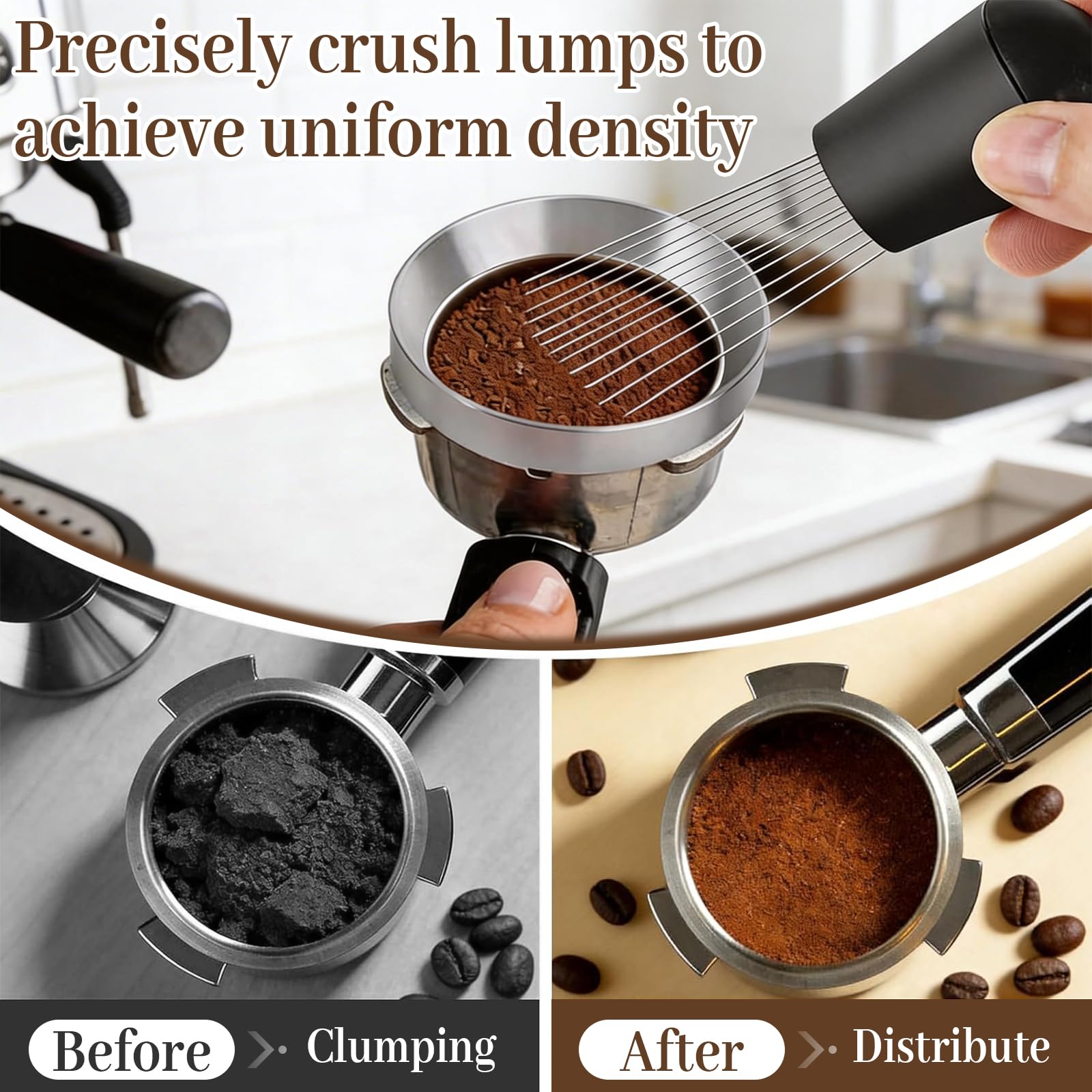 Tamper de café de 51 mm con herramienta WDT, juego profesional para portafiltros, incluye prensador de fondo estriado, herramienta WDT de 12 agujas (0,4 mm), anillo dosificador magnético y