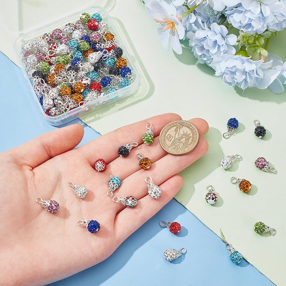 PH PandaHall 100pcs 10 Colors Crystal Beads Charms 8mm Rhinestone Pendants Polymer Clay Crystal Disco Ball Charms Round Clay Pave Pendants for Jewellery Making Necklace Earring Christmas Decoration - Image 3