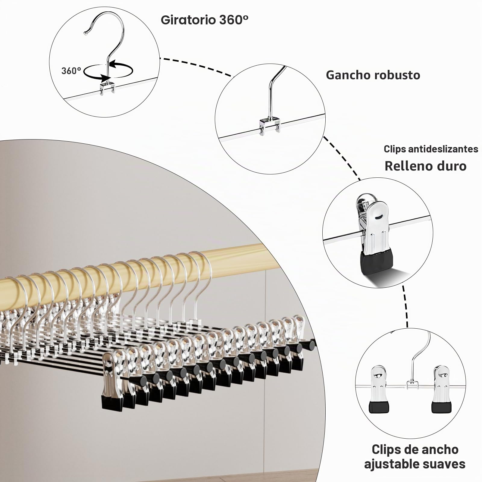 WEIDMAX Perchas para Pantalones y Faldas Cromadas Fuertes Con Clips Antideslizantes 28cm (11"), Metálicas para Calcetines, Paquete de 40