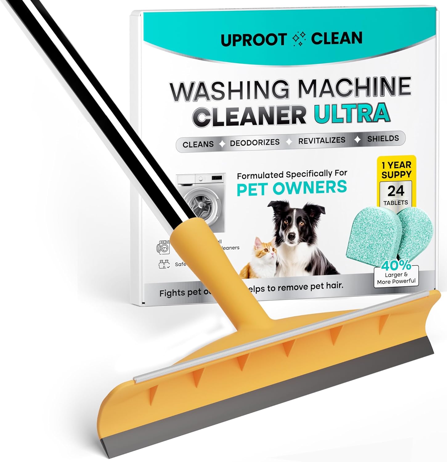Uproot Clean Washing Machine Cleaner Tablets Ultra + Fursprint Xtra Pet Hair Removal Tool Bundle, HE/Top/Front Load Compatible Tabs, Help Remove Odor & Reusable Fur Scraper for Carpets & Cars