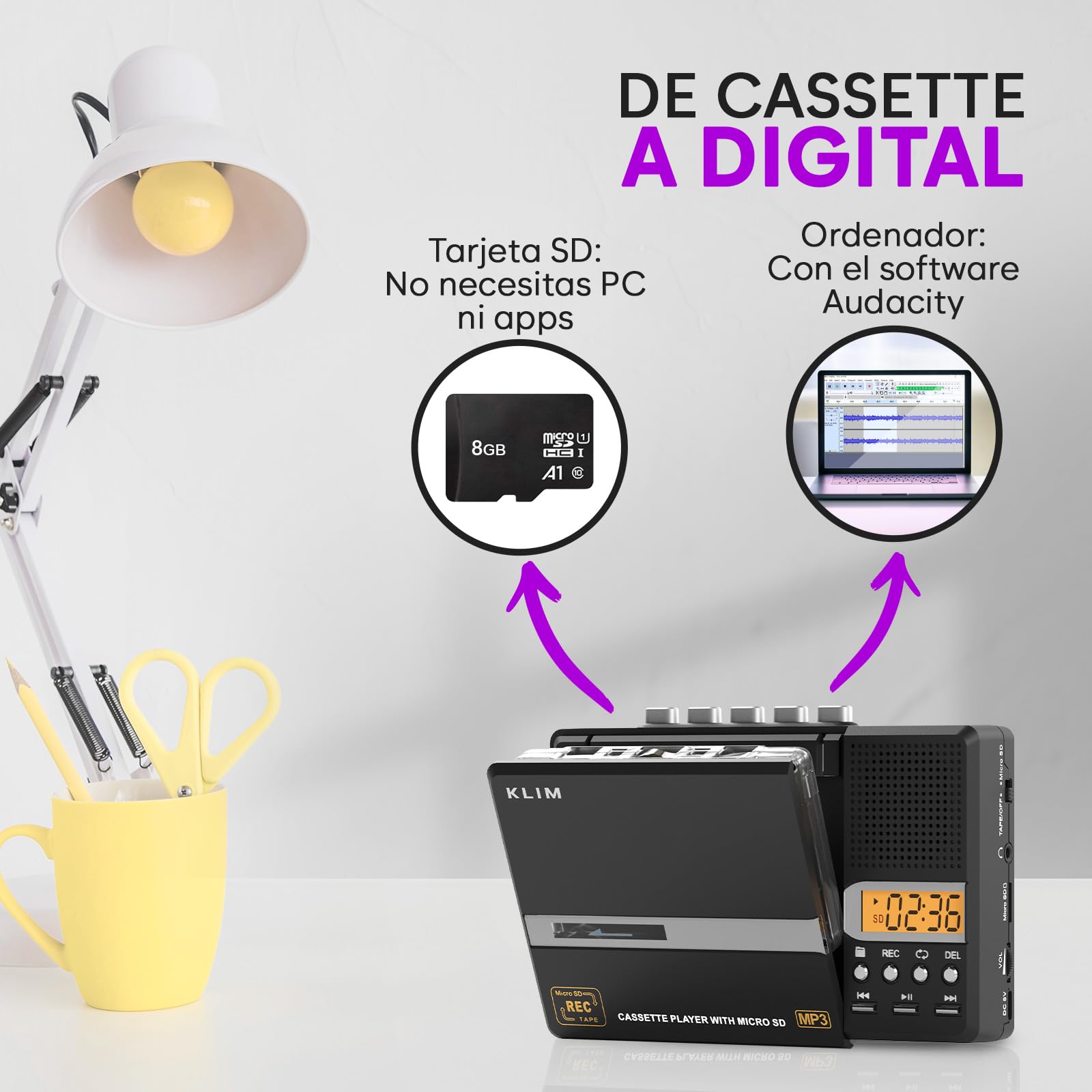 KLIM K10 Reproductor Cassette Portátil & Grabadora Cassette & Convertidor a MP3 + Micrófono & Altavoz Integrados + Transferencia USB PC + Pilas/USB + Tarjeta SD 8GB + Auriculares - Negro