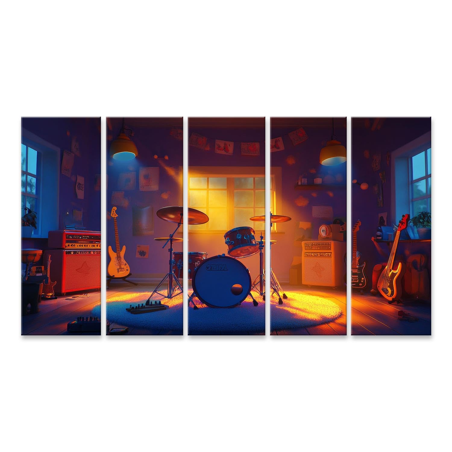 islandburner Quadro su tela Studio musicale di notte con illuminazione e strumenti per sala musicale, amanti della musica, negozio di musica, immagini murali poster