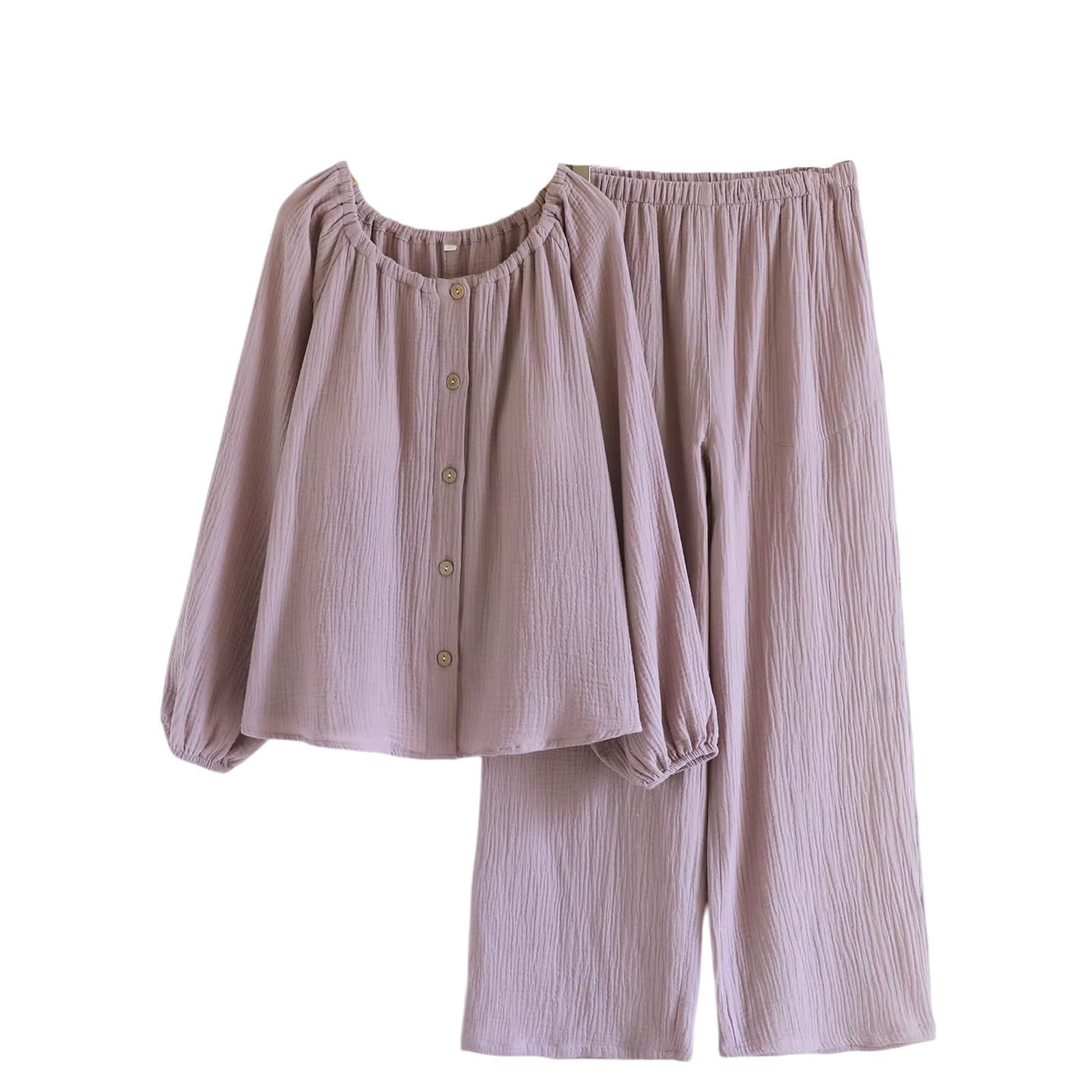 Conjunto de pijama de 2 piezas con cuello redondo y manga larga suave y cómoda con almohadilla para el pecho para mujer