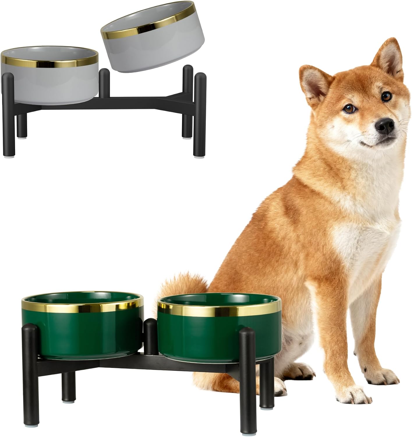 Ceramic Elevated Dog Bowl Set - Dog Feeder Station with Double Bowls for Small and Medium Size Breed - Non-Slip Raised Dish for Food and Water Feeding- 6 Inch - 3.5 Cups / 22 fl oz - Green M Green - Image 1 of 9