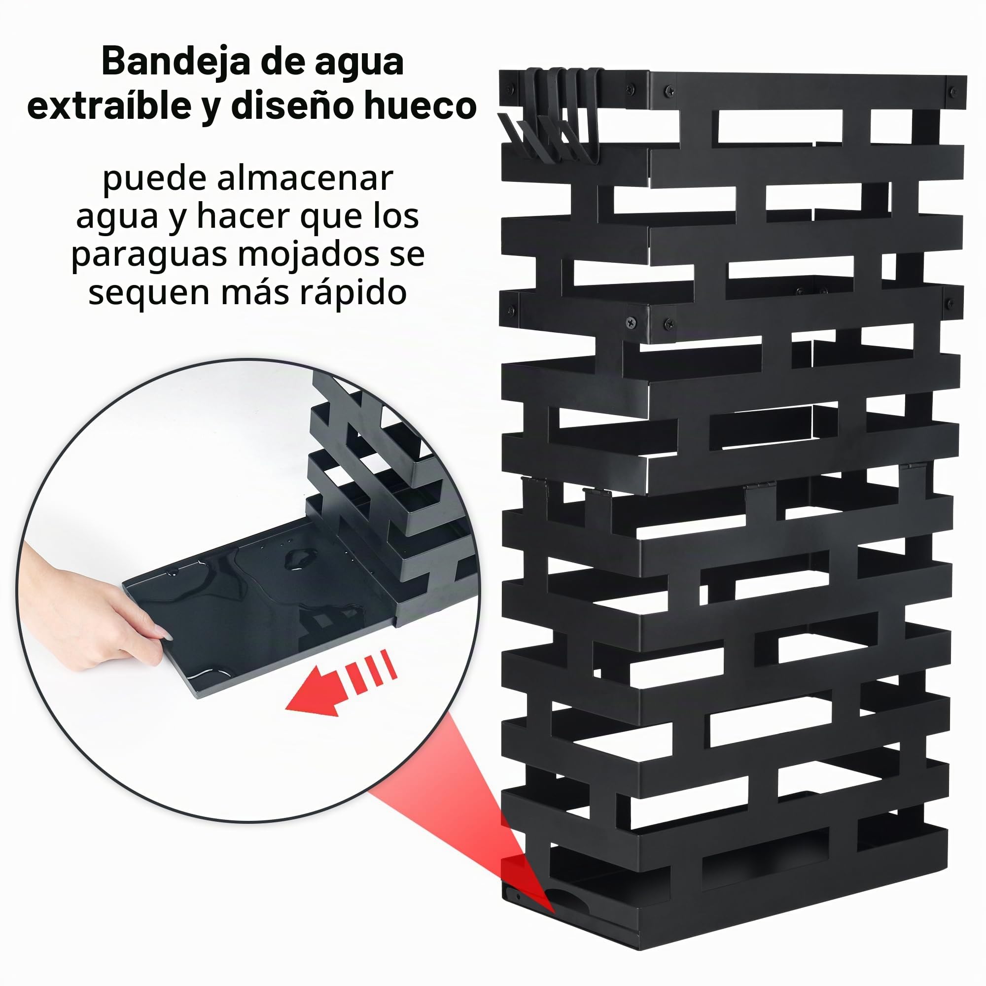 Alyoen Paragüero de metal, 30 x 15 x 58 cm, gran paragüero con gancho y bandeja extraíble para recoger el agua, soporte para el hogar, oficina y hotel, color negro