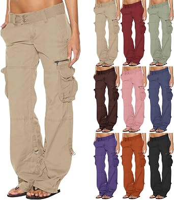 Low Rise Cargo Pants for Women Lightweight Baggy Stretchy Straight Pant Multi Pockets Causal Y2K Streetwear Trousers