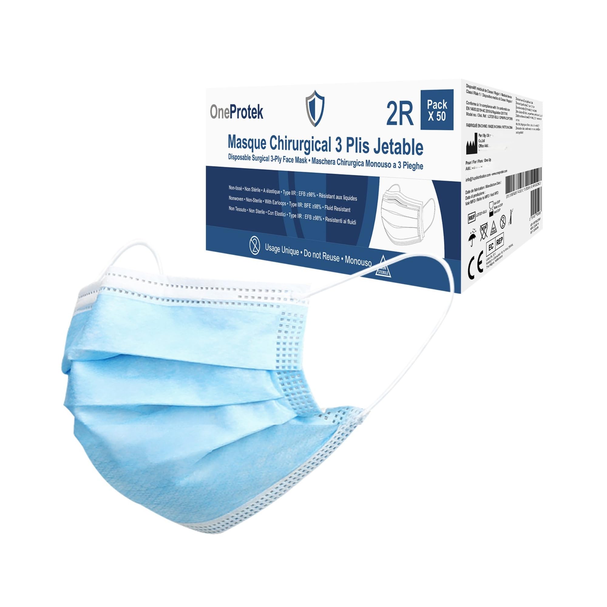 Lot x2000 Masque chirurgical jetable OneProtek - 3 Couches Type 2R IIR Médical - Certifiés CE EN14683 - Confortables et élastiques résistants - 40 boîtes de 50 Masques