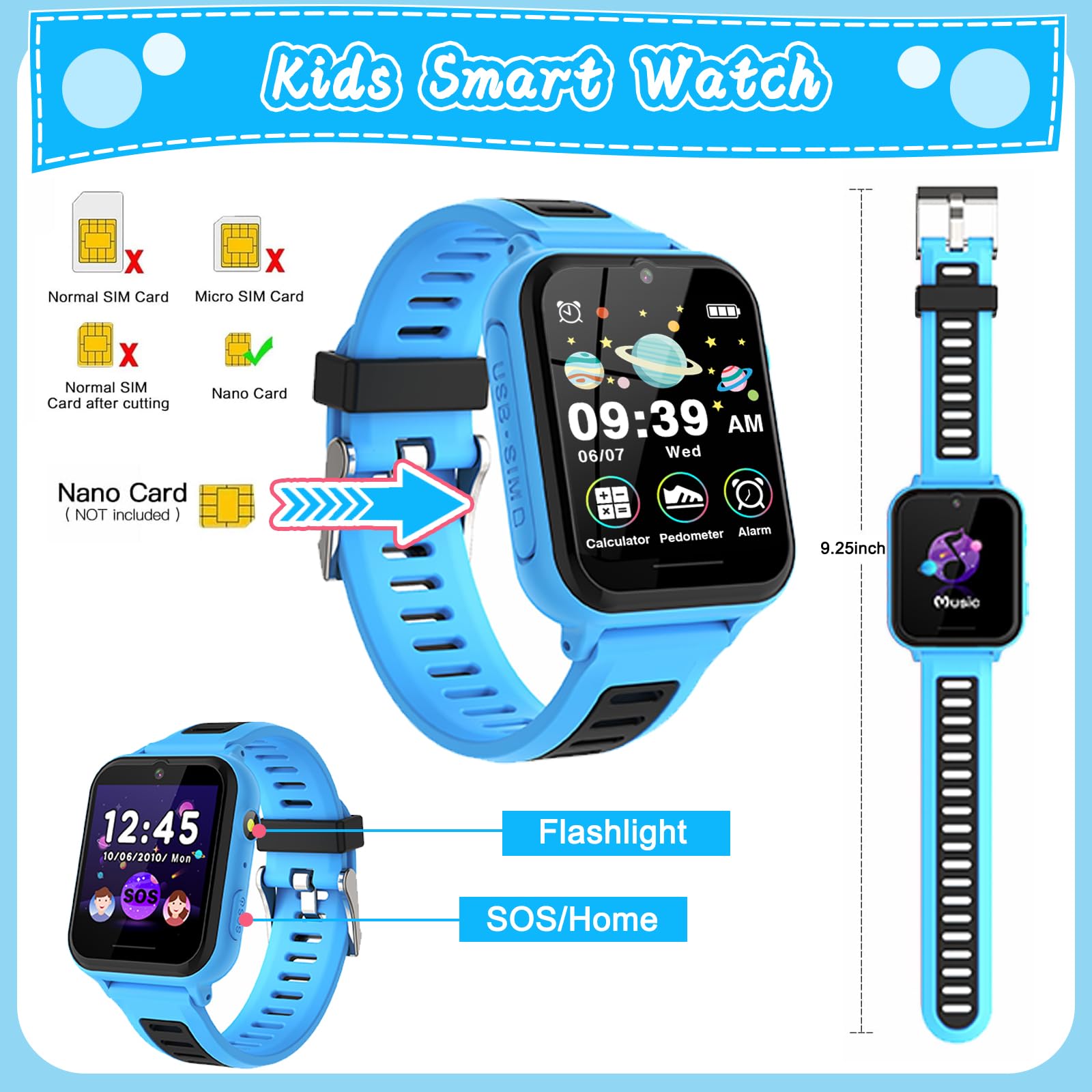 Montre Connectée Enfant Garçons Filles, Montre Intelligente Enfant avec SOS Appeler, 14 Jeux HD Caméra & Lecteur Vidéo Musique Torche, Cadeaux pour Enfants 3-12ans (Bleu)