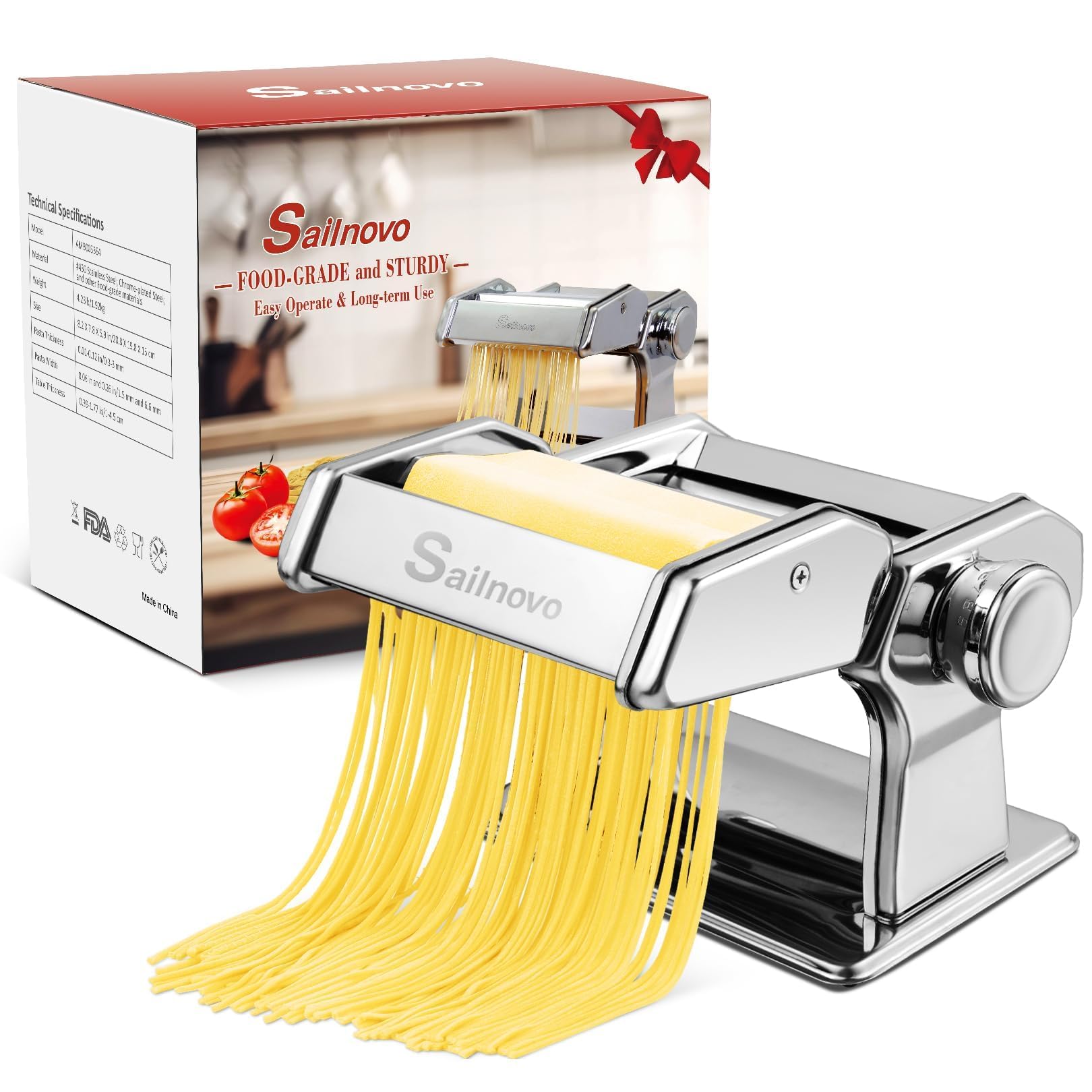 Sailnovo Maquina Para Hacer Pasta, 180 aleación de aluminio Maquina Pasta Fresca, con 9 Ajustes de espesor ajustables y 2 máquinas de corte, Maquina Pasta es muy adecuado para pasta(Plata)