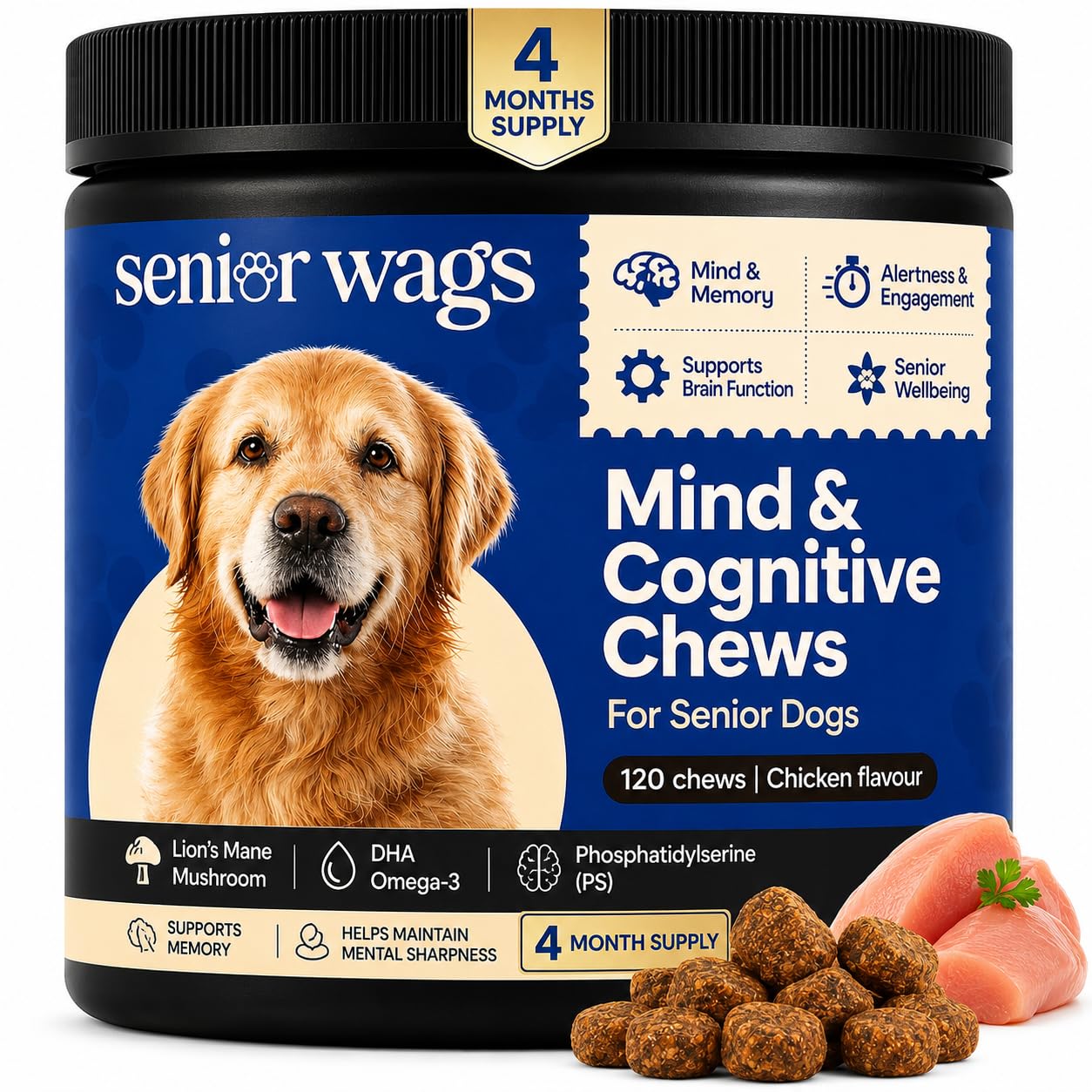 Senior Wags Mind & Cognitive Chews for Senior Dog | Brain Function, Memory & Alertness Support | Dog Supplements with Lion's Mane, DHA & Phosphatidylserine | 120 Chicken Flavour Chews