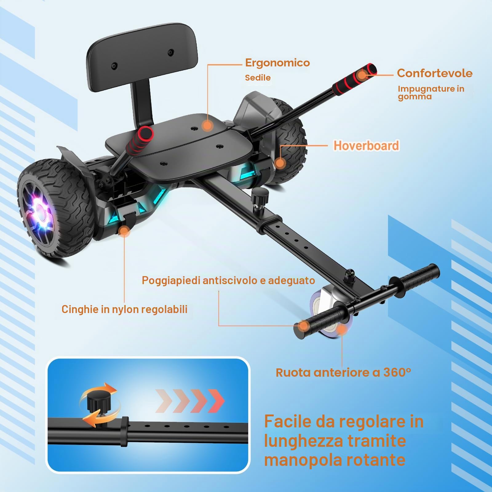 Scooter con seduta, 8,5" Hoverboard Go Kart Combo con luci LED colorate e Bluetooth, per bambini ragazzi ragazze adulti di tutte le età