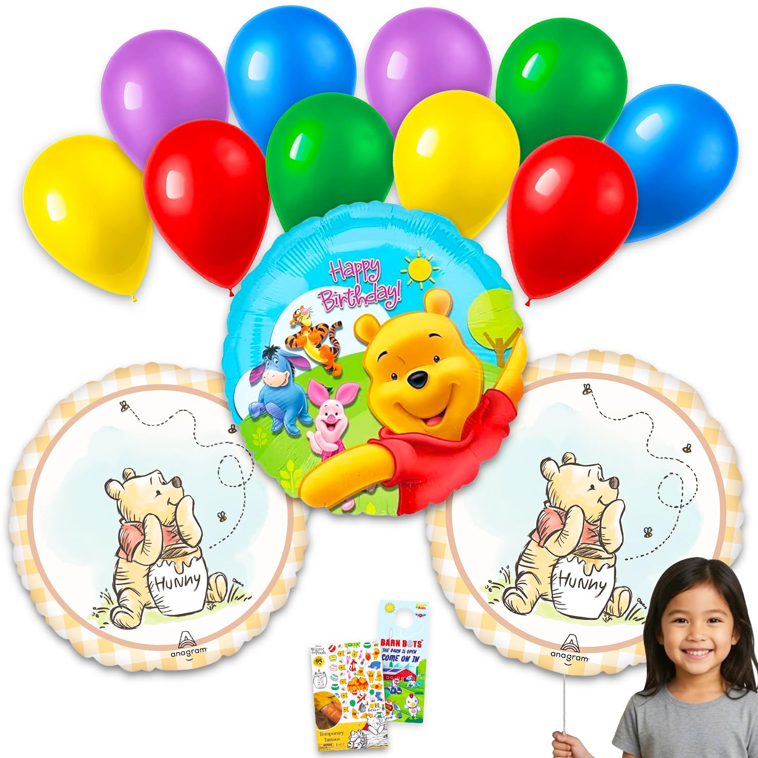 Winnie Puuh Luftballon 13 Pack - Bundle mit 2 Folienballons mit Ferkel, Tigger, I-Aah Plus Geburtstagsballon, Tattoos, mehr | Pooh Bär Dekorationen für Partys