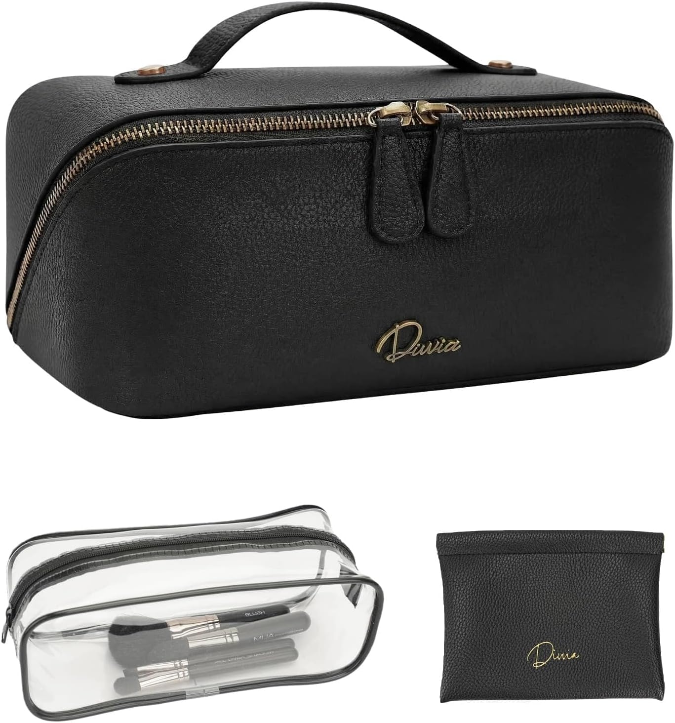 Travel Makeup Bag Organizer Cosmetic Bag Make up Bags for Women with Handle - Waterproof Vegan Leather Toiletry Bags Travel Essentials Pouch with Compartments (black, Medium)