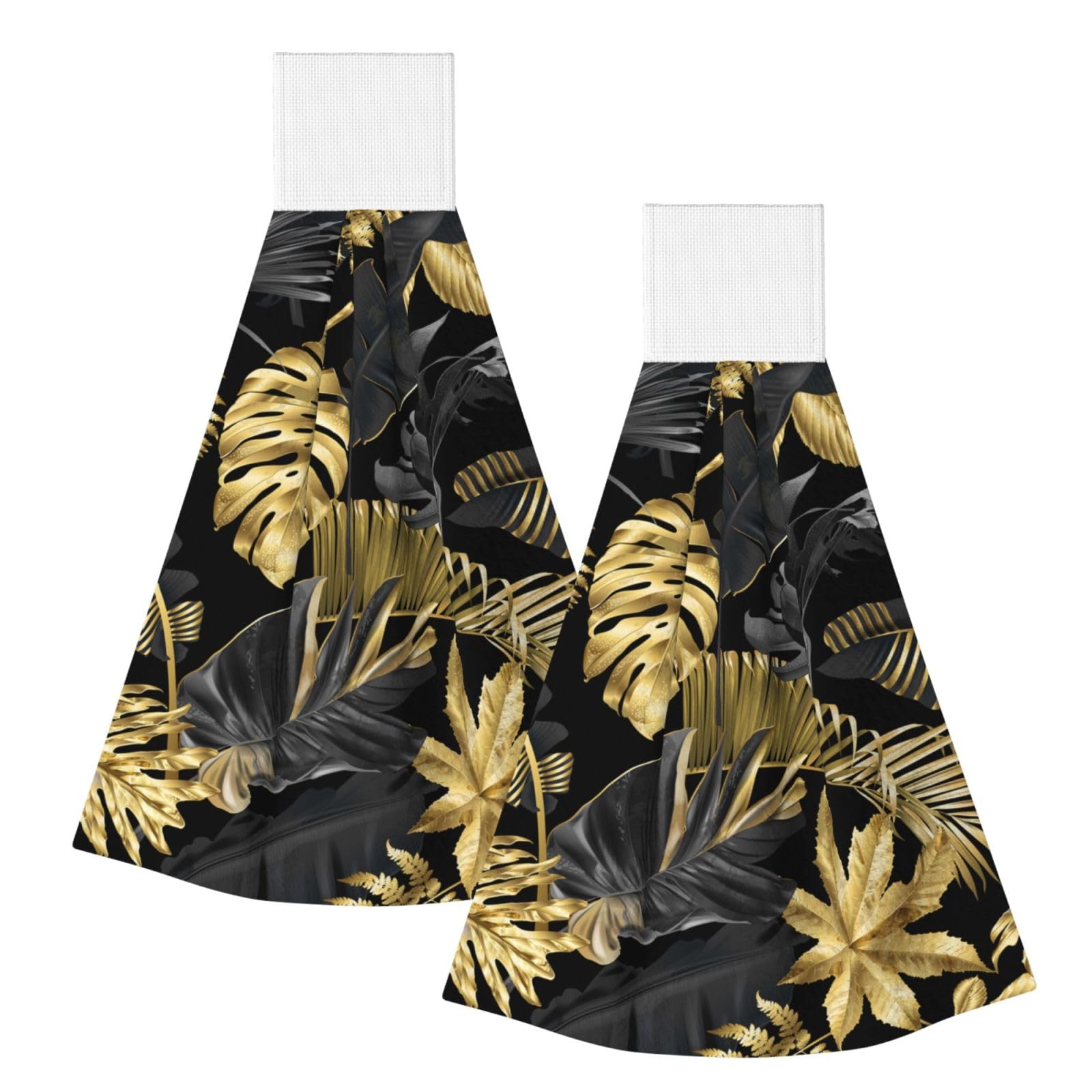 DOPKLNA Gold Black Tropical Leaves, 2 Pcs Hanging Coral Fiber Hand Towels for Bathroom, Absorbent Kitchen Towels