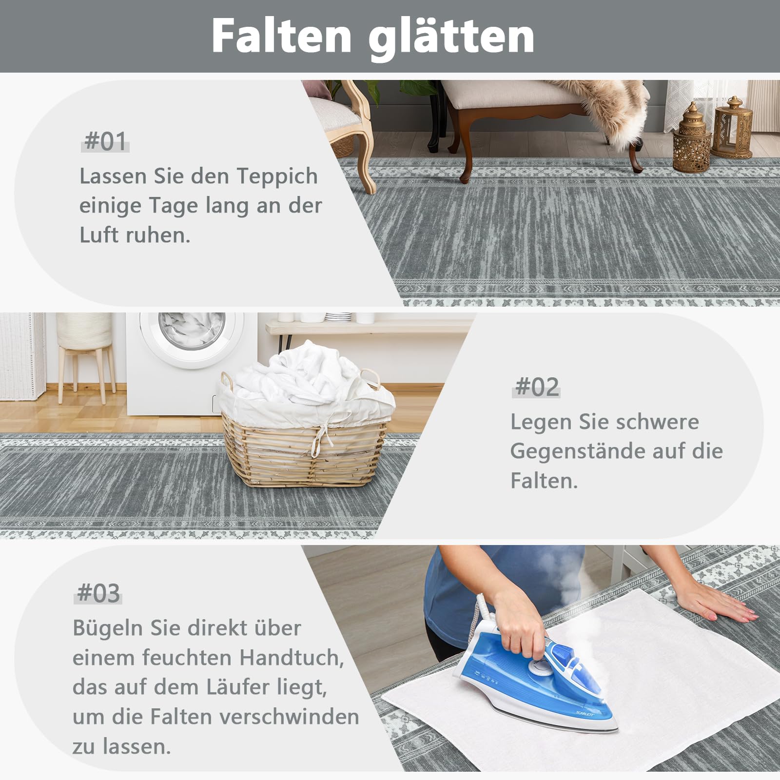Läufer Teppich für Flur Waschbarer Kurzflor Teppich mit rutschfestem Gummirücken Modern Küchenläufer für Eingangsbereich, Waschküche & Wohnhausflur 80x300cm