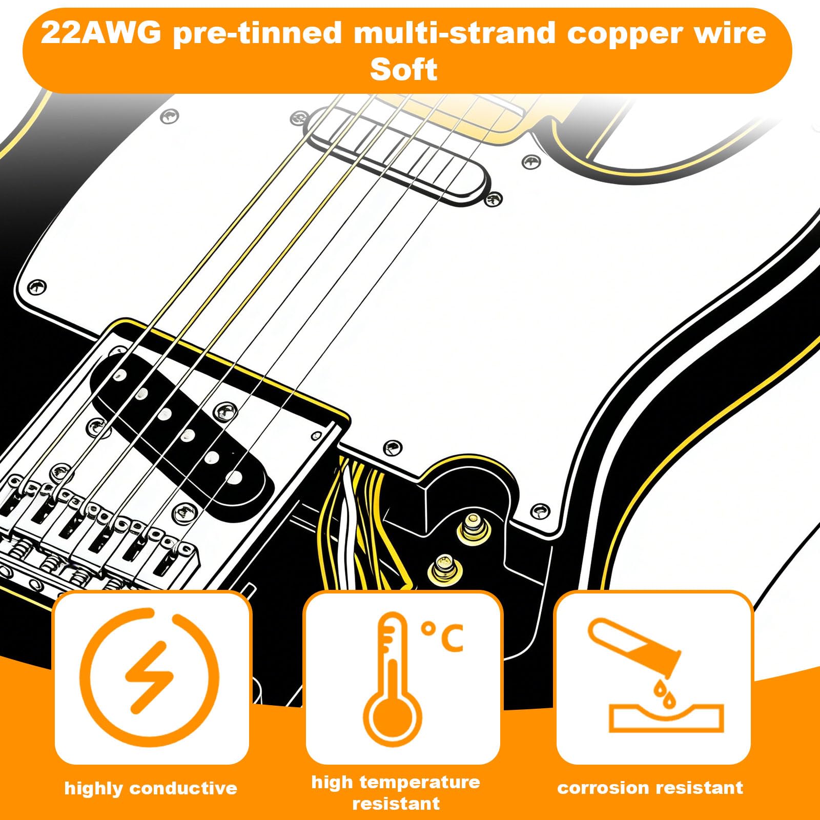Zestaw 9-Metrowych Przewodów Gitarowych w Oplocie Płóciennym, 3 Szt. Vintage'Owy Pleciony Kabel do Modernizacji i Naprawy Gitar Elektrycznych (3 m Żółto-Biało-Czarny)