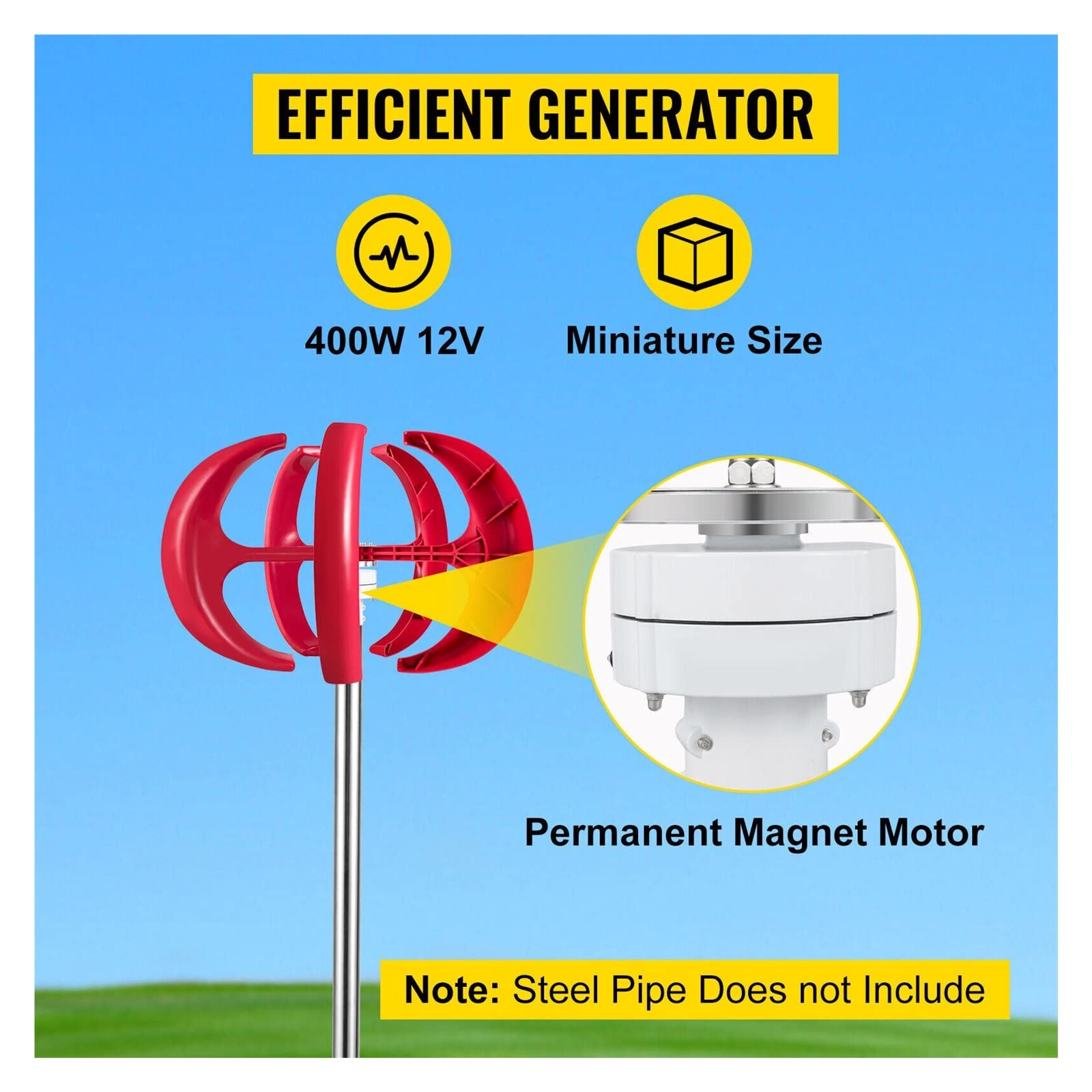 Générateur d'éolienne, Éolienne 400W 12V Lanterne Rouge Verticale 5 Feuilles Kit avec Contrôleur