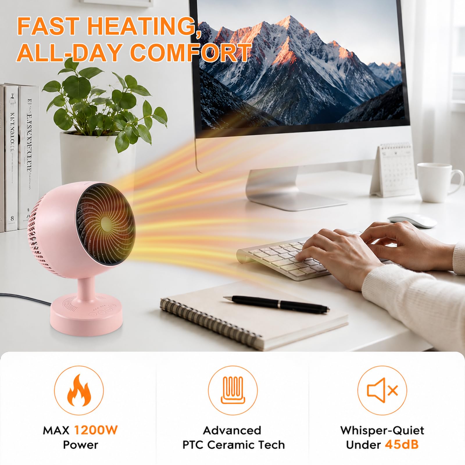 Radiateur Soufflant PTC 1200W avec Oscillation 160°，Rose