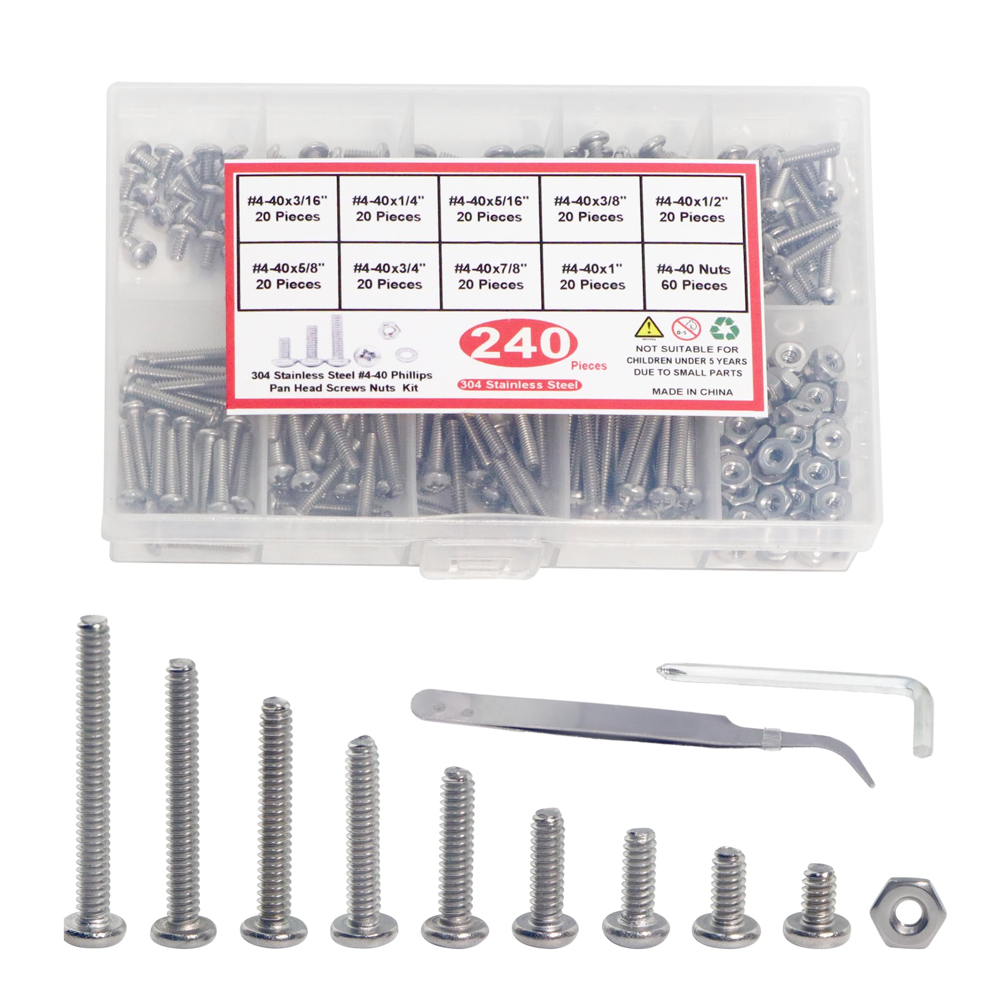 HANLATO 240Pcs 4-40 Screws Bolts and Nuts Assortment Kit, 4-40 Phillips Pan Head Machine Screws Nuts, Coarse Thread, 304 Stainless Steel, Fully Machine Threaded