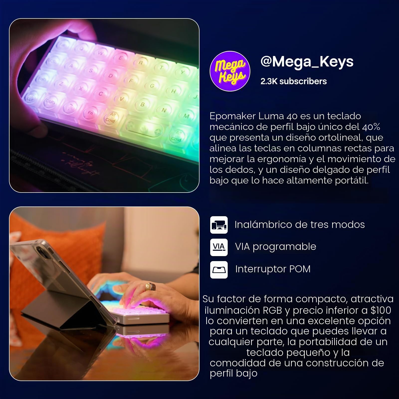 EPOMAKER Luma40 Teclado Mecánico de Bajo Perfil con QMK/Via y Metal CNC, Teclas de PC Transparente, Hot-Swap, Switch Lineal Kailh, 2.4Ghz/BT/USB, Teclado Inalámbrico para Juegos del 40% para Mac/Win