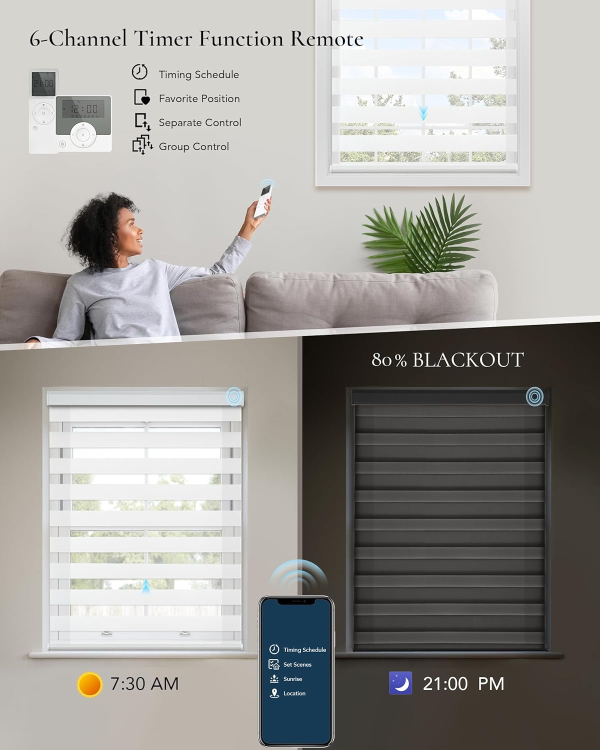 Smart Zebra Sheer Blinds Custom to 115" Width Compatible with Alexa Google Horizontal Motorized Window Blind Dual Layer Electric Roller Shades Remote Control 80% Blackout White