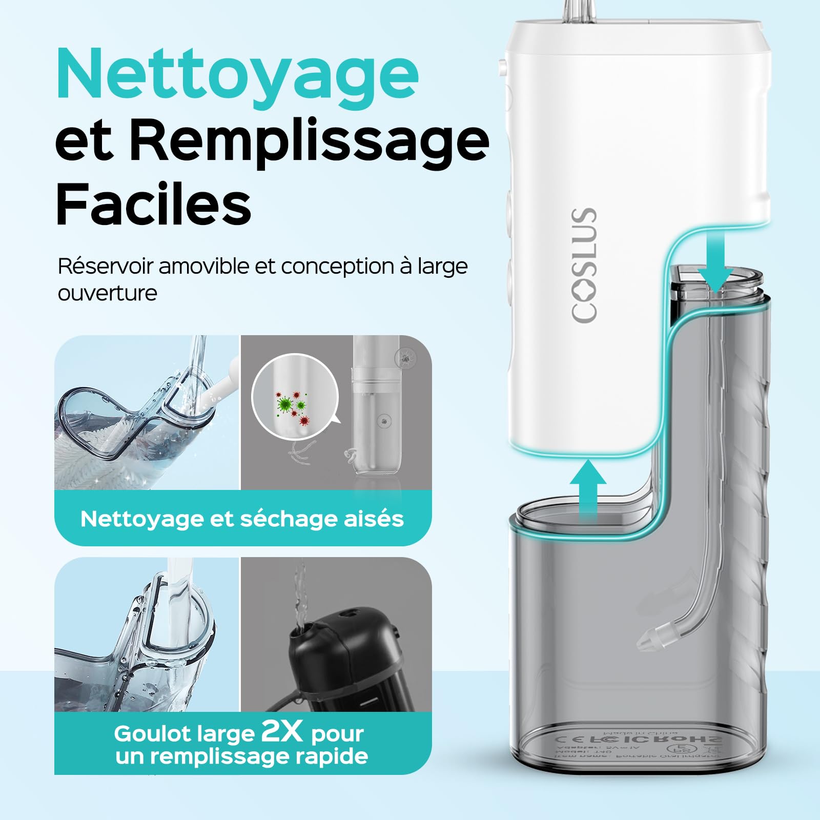 COSLUS Mini Jet Dentaire Hydropulseur Portable: Design Compact et Sans Fil, 4 Modes IPX7, Idéal pour Appareil Dentaire, Orthodontie et Dents Sensitives, Usage Nomade, Gris Blanc, T40