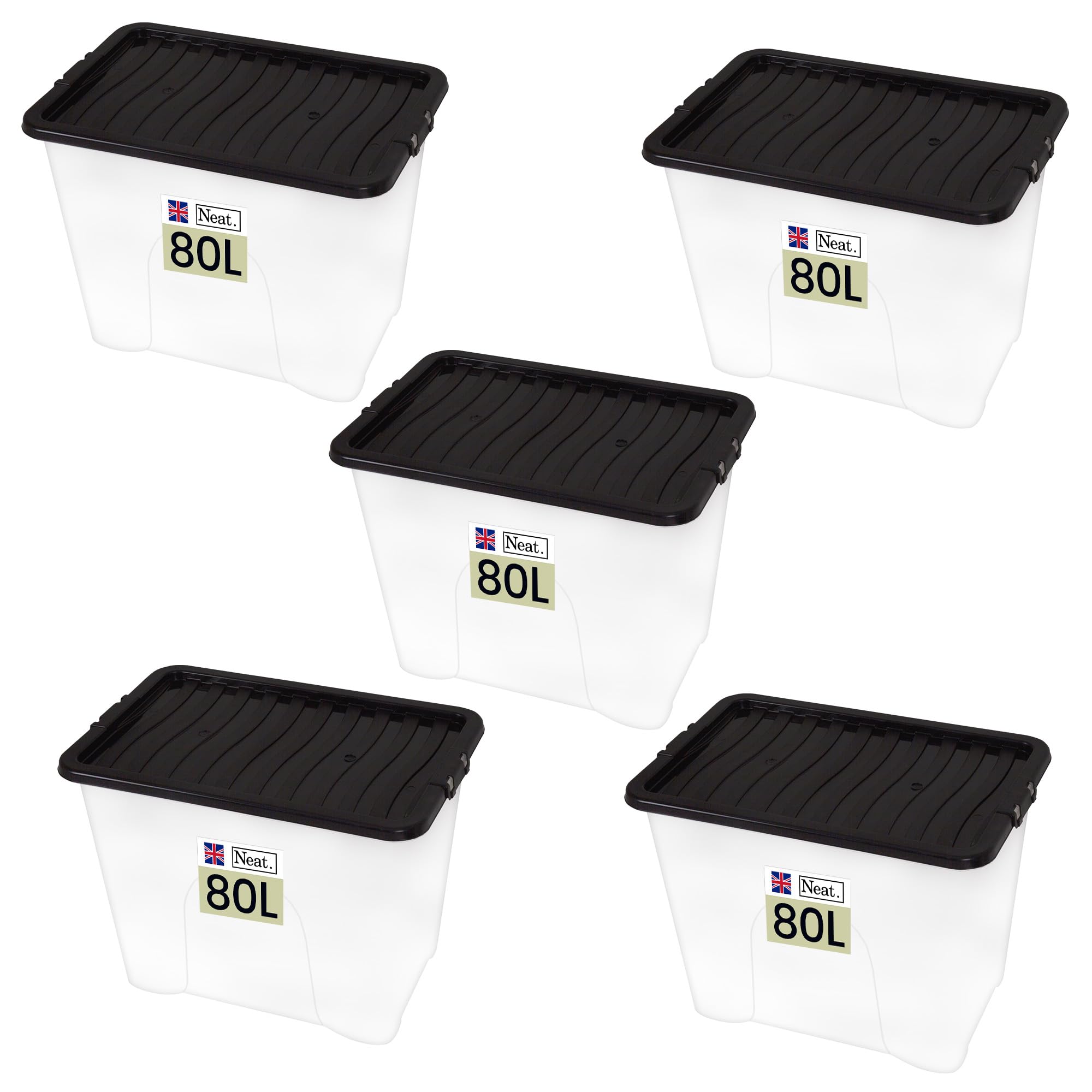 Neat. Plastics 80L Storage Box, Clear Base, Black Lid - Organise Easily with Plastic Storage Box with Lid, Ideal Clear Boxes for Storage, Durable Plastic Boxes with Lids Storage, Pack of 5